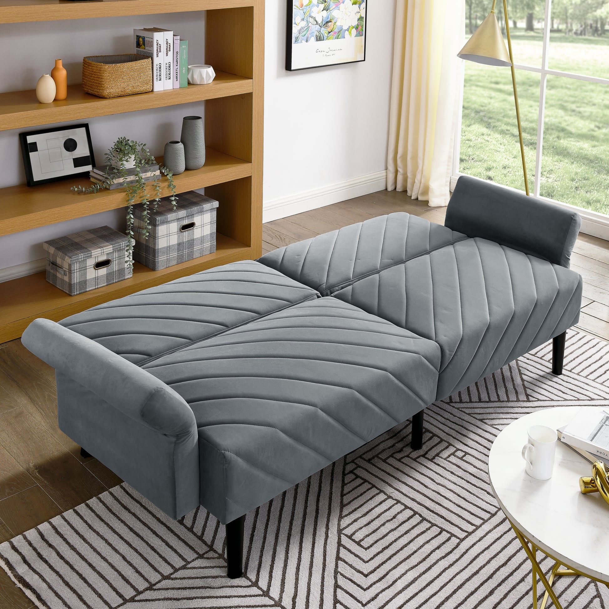 Velvet Futon Couch Convertible Folding Sofa Bed Tufted Couch With Adjustable Armrests For Apartment Grey Velvet Metal Primary Living Space Split Back Eucalyptus Square Arms Foam 3 Seat