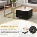 2 In 1 Square Nesting Coffee Table With Wheels & Drawers, Stackable Side Table With High Gloss Marble Grain Top, End Table Set With Brown Tempered Glass For Living Room, Black Black Gold Primary Living Space Drawers Square Mdf Steel