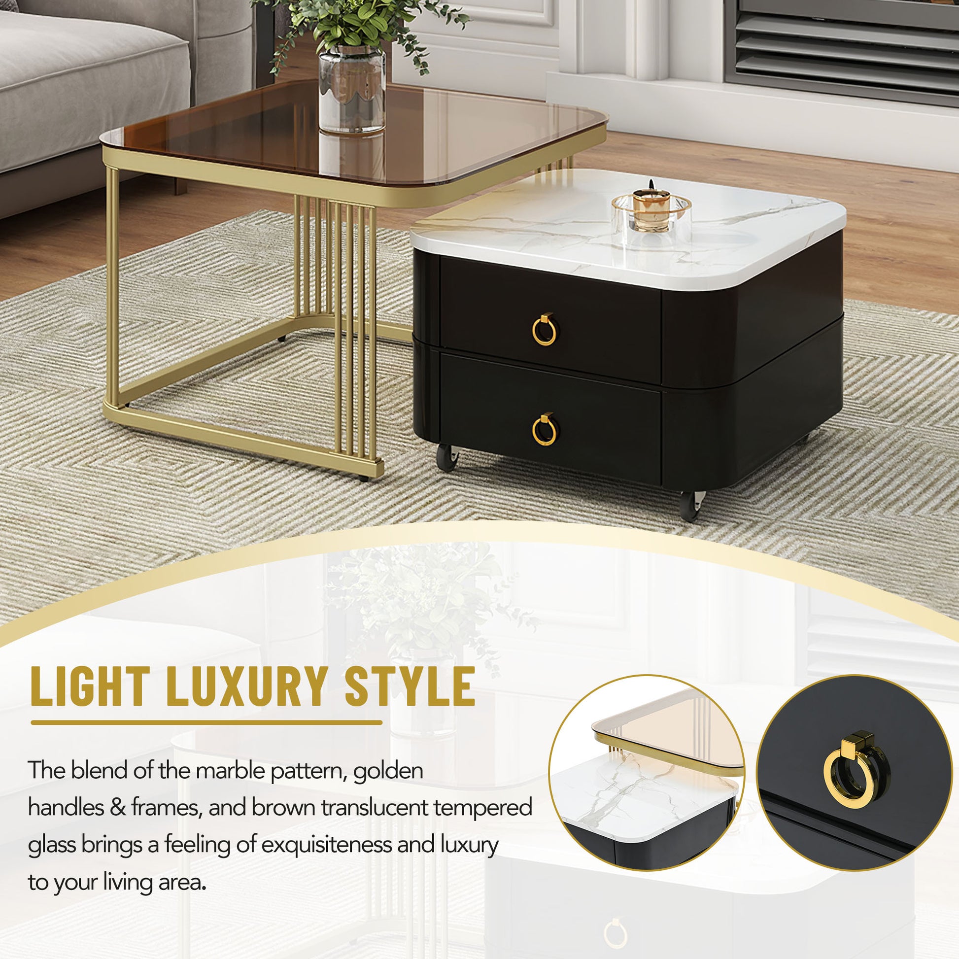 2 In 1 Square Nesting Coffee Table With Wheels & Drawers, Stackable Side Table With High Gloss Marble Grain Top, End Table Set With Brown Tempered Glass For Living Room, Black Black Gold Primary Living Space Drawers Square Mdf Steel