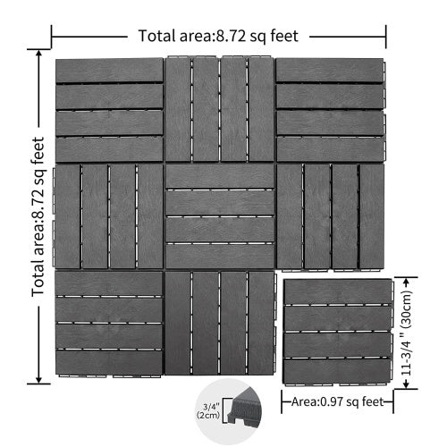 Patio Interlocking Deck Tiles, 12"X12" Square Composite Decking Tiles, Four Slat Plastic Outdoor Flooring Tile All Weather For Balcony Porch Backyard, Dark Grey, Pack Of 36 Grey Plastic