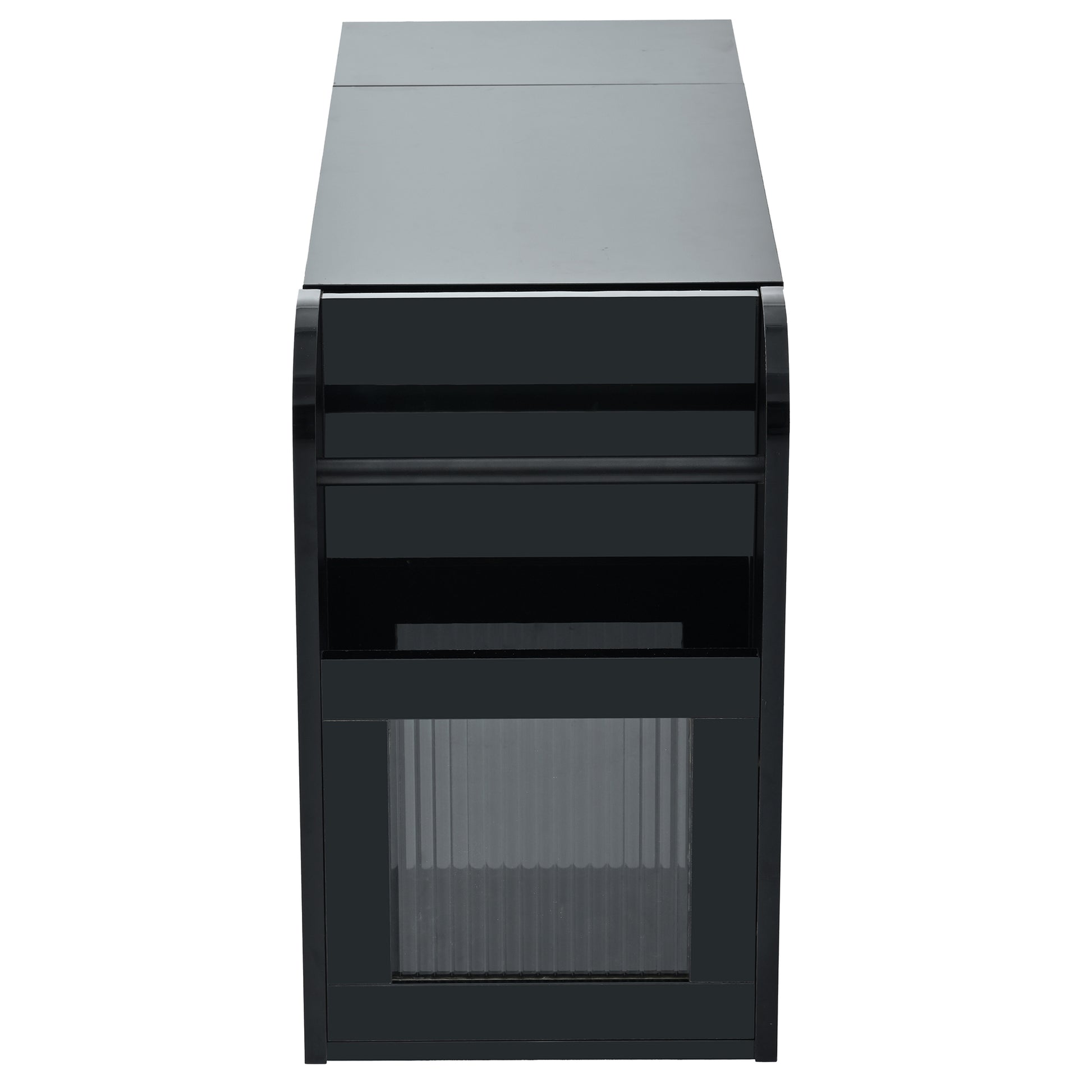 Multifunctional Extendable End Table With Wheels, Side Table With Tempered Glass Door, 2 Storage Shelves, 2 Drawers For Living Room, Black Black Mdf