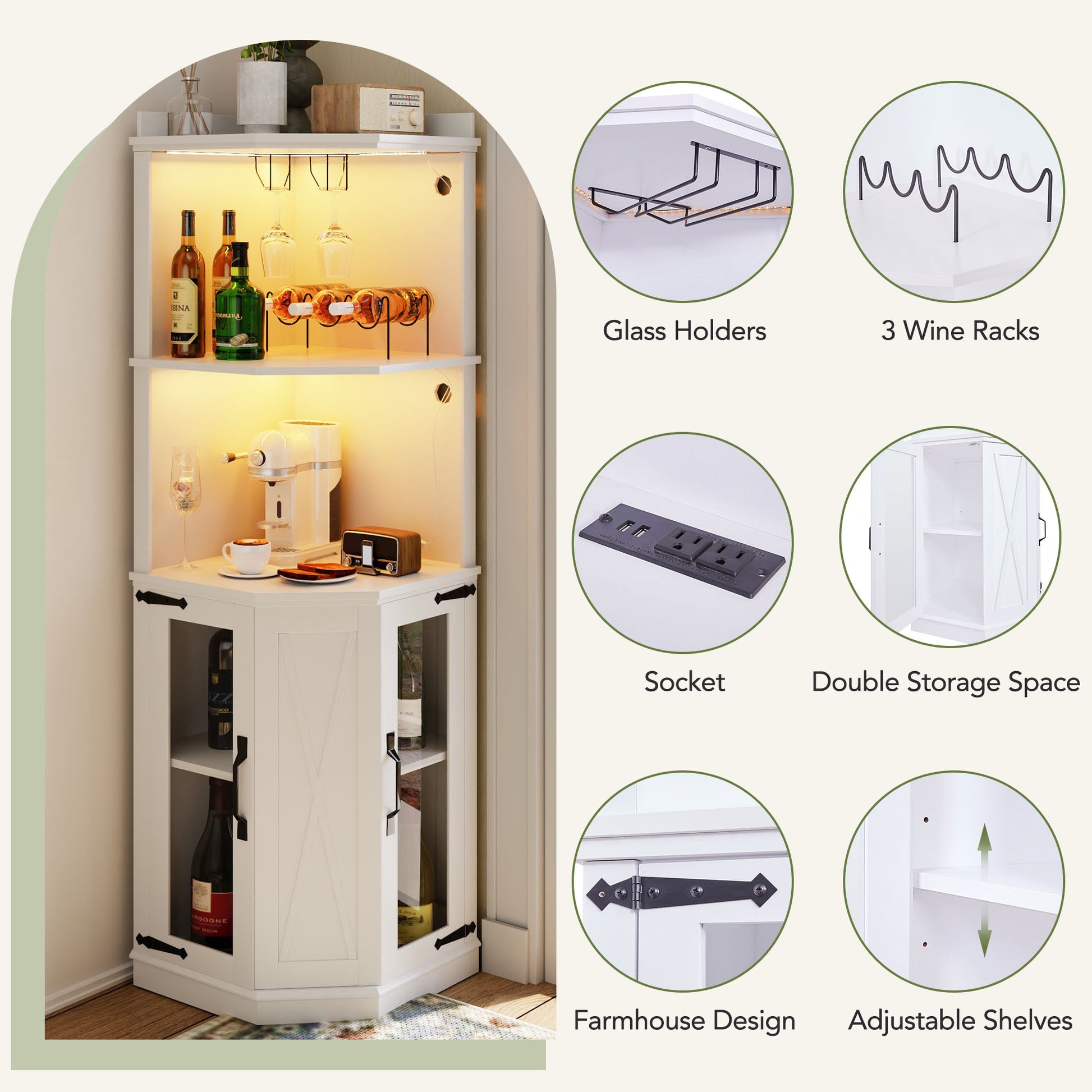 67.7" Corner Bar Cabinet With Power Outlet, Farmhouse Wine Bar Cabinet With Adjustable Shelves For Home,With Lights & Glass Rack For Dining Room, Living Room, Kitchen White Dining Room Classic Mdf