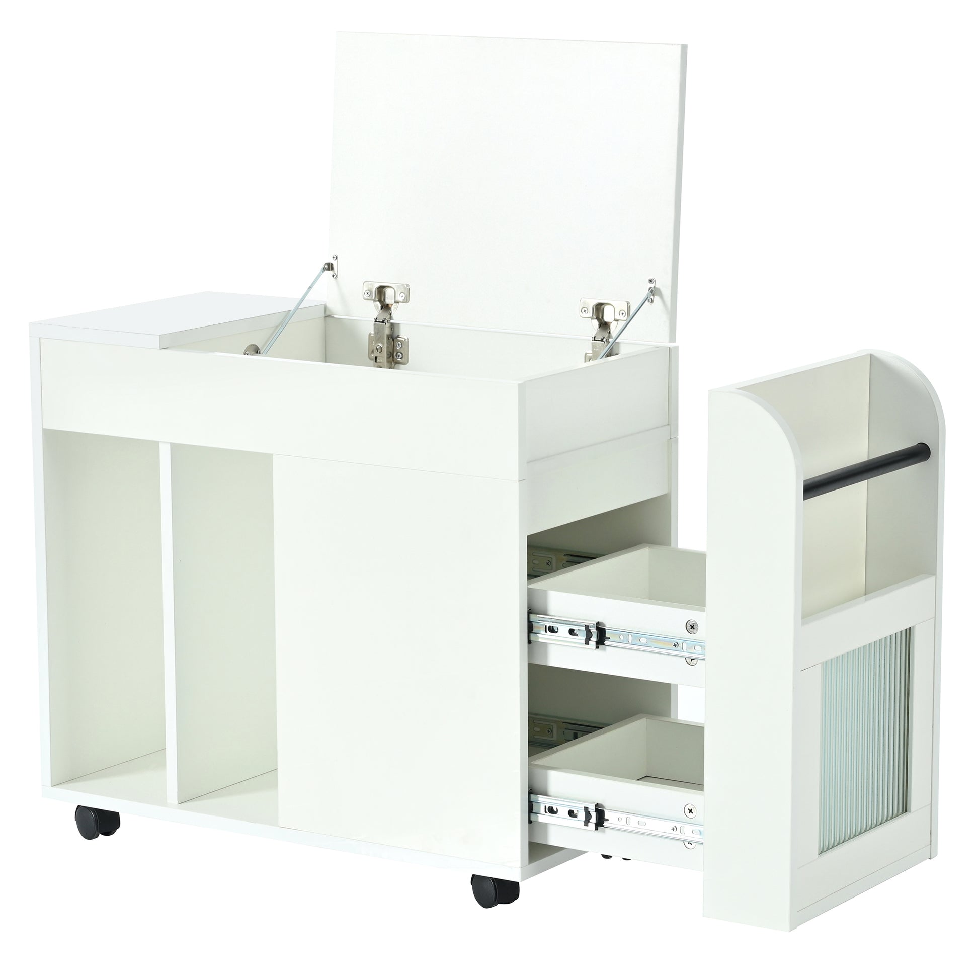 Multifunctional End Table With Wheels, Side Table With Tempered Glass Door, 2 Storage Shelves, 2 Drawers For Living Room, White White Mdf