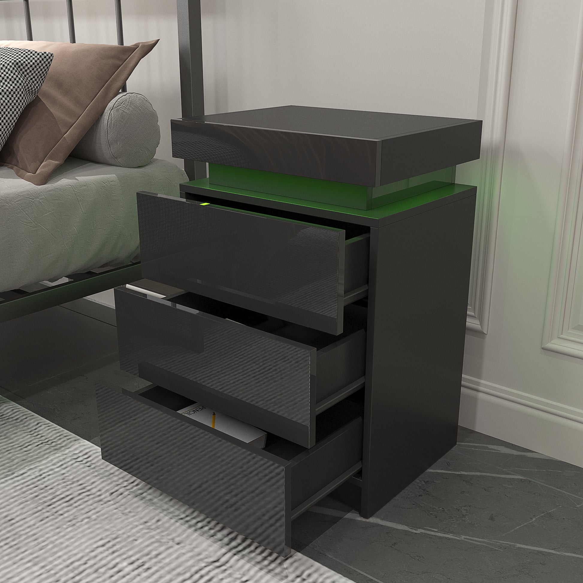 Led Black Nightstand Modern Multi Colour Led Night Table Bedside Tables For Bedroom, Living Room Black Particle Board