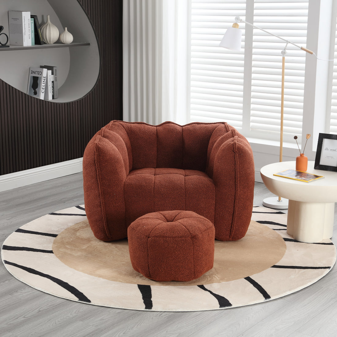 Soft Bean Bag Chair With High Resilient Foam Chips For Living Room And Bedroom,Comfortable Square Lazy Sofa With Footstool, Cover For Adults To Gaming, Reading, And Watching Tv Red Brown Chenille