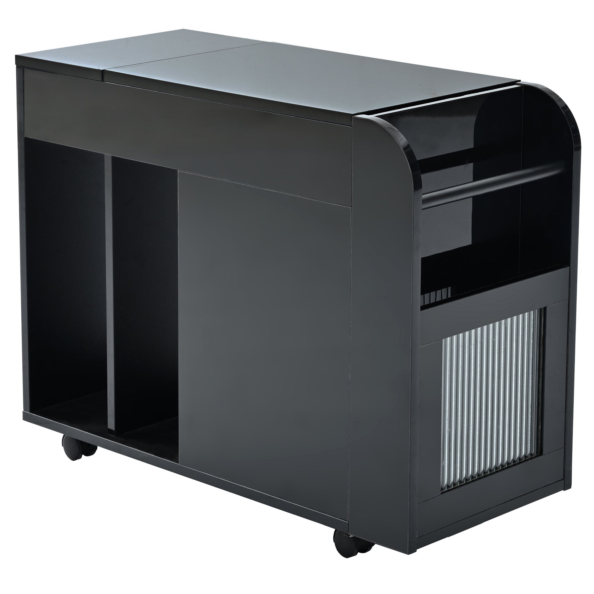 Multifunctional Extendable End Table With Wheels, Side Table With Tempered Glass Door, 2 Storage Shelves, 2 Drawers For Living Room, Black Black Mdf