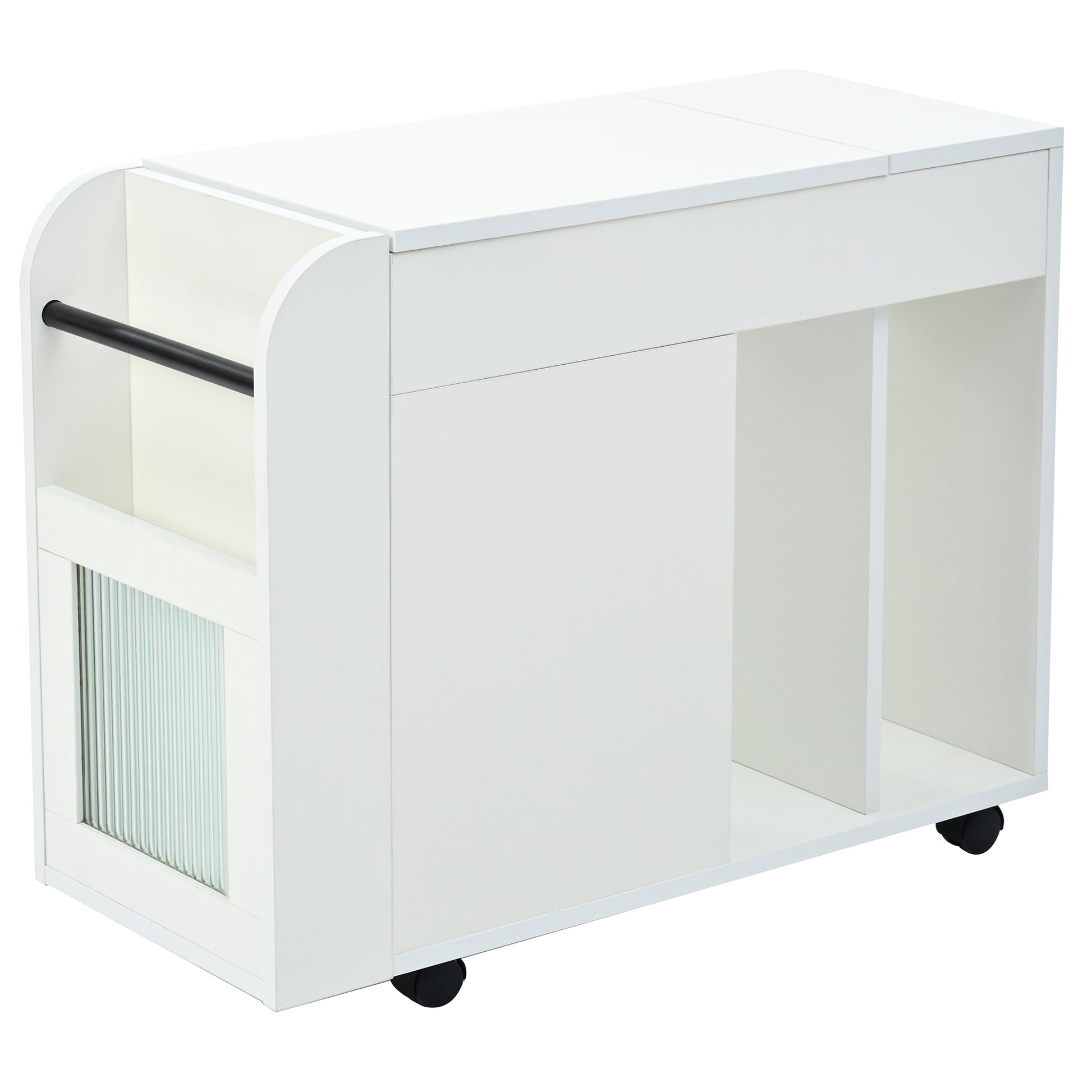 Multifunctional End Table With Wheels, Side Table With Tempered Glass Door, 2 Storage Shelves, 2 Drawers For Living Room, White White Mdf