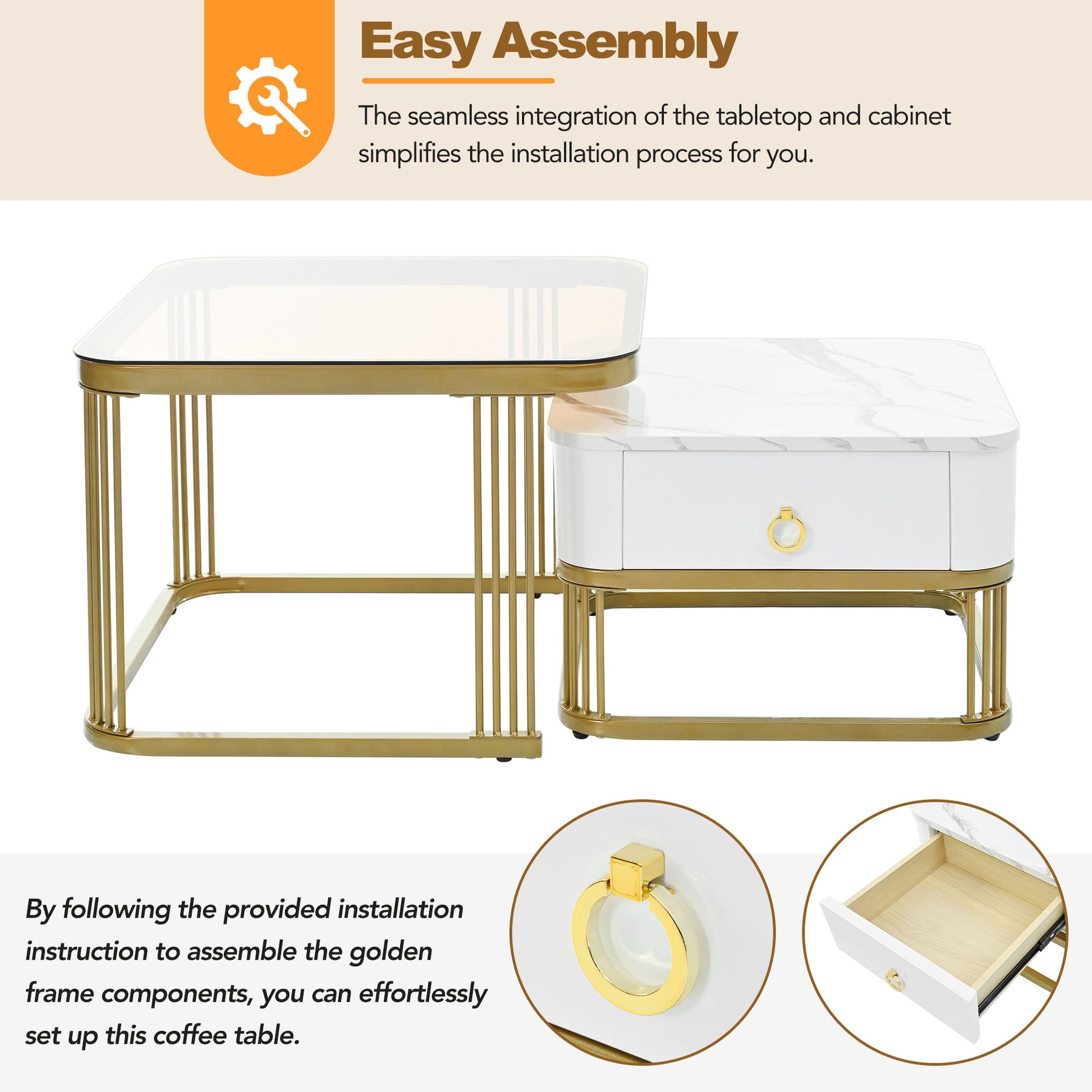 Nesting Coffee Table With Drawer, Set Of 2, Exquisite Square Stacking Coffee Tables With Brown Tempered Glass, Side Table With High Gloss Marble Grain Tabletop For Living Room, White White Gold Primary Living Space Drawers Square Mdf Steel