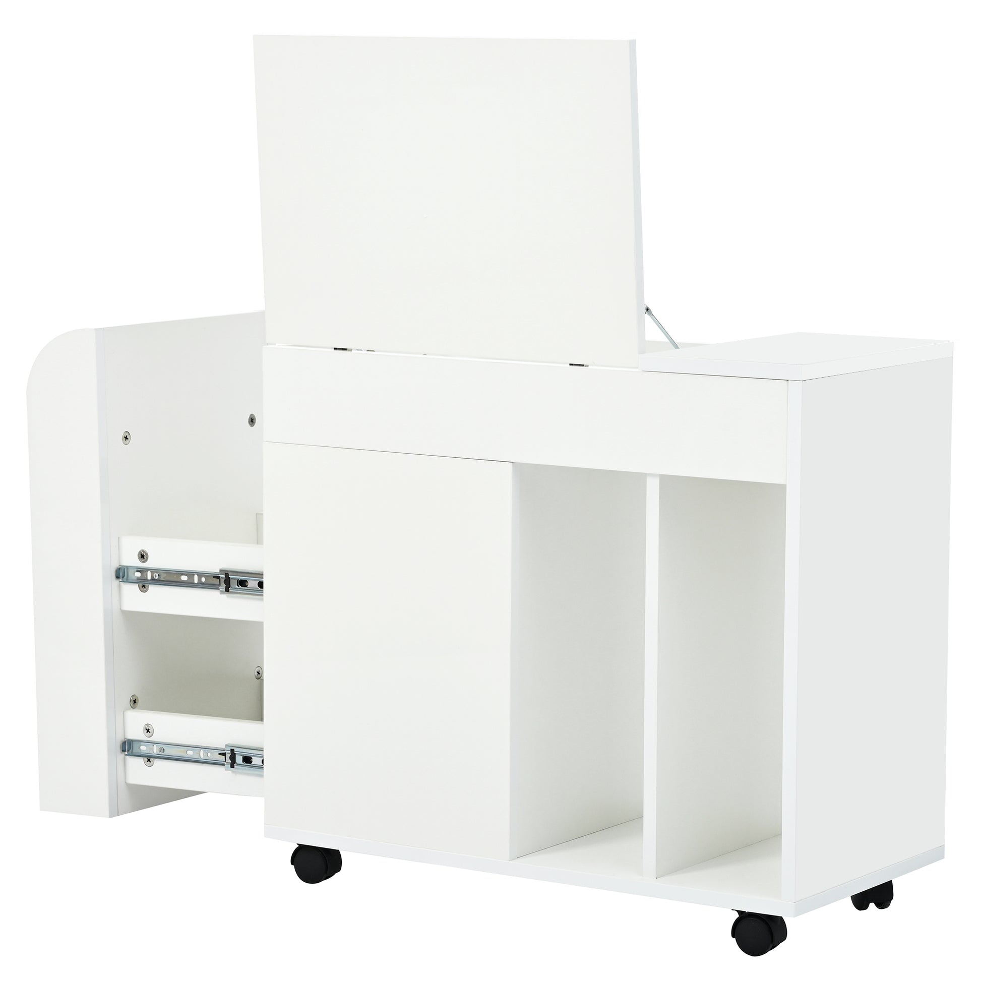 Multifunctional End Table With Wheels, Side Table With Tempered Glass Door, 2 Storage Shelves, 2 Drawers For Living Room, White White Mdf