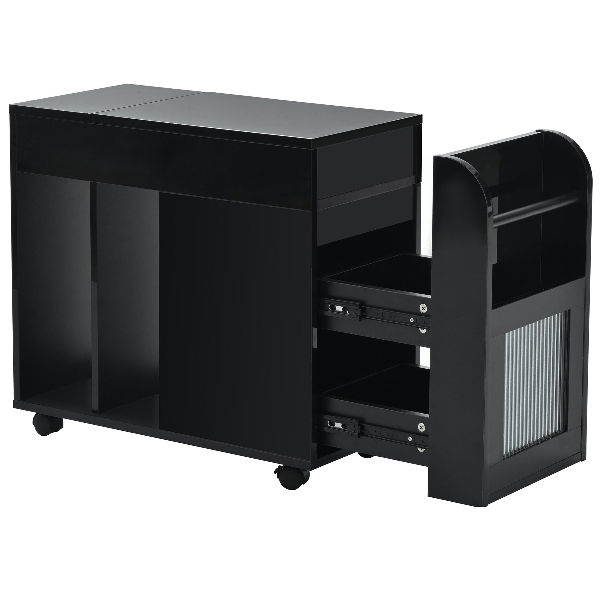 Multifunctional Extendable End Table With Wheels, Side Table With Tempered Glass Door, 2 Storage Shelves, 2 Drawers For Living Room, Black Black Mdf