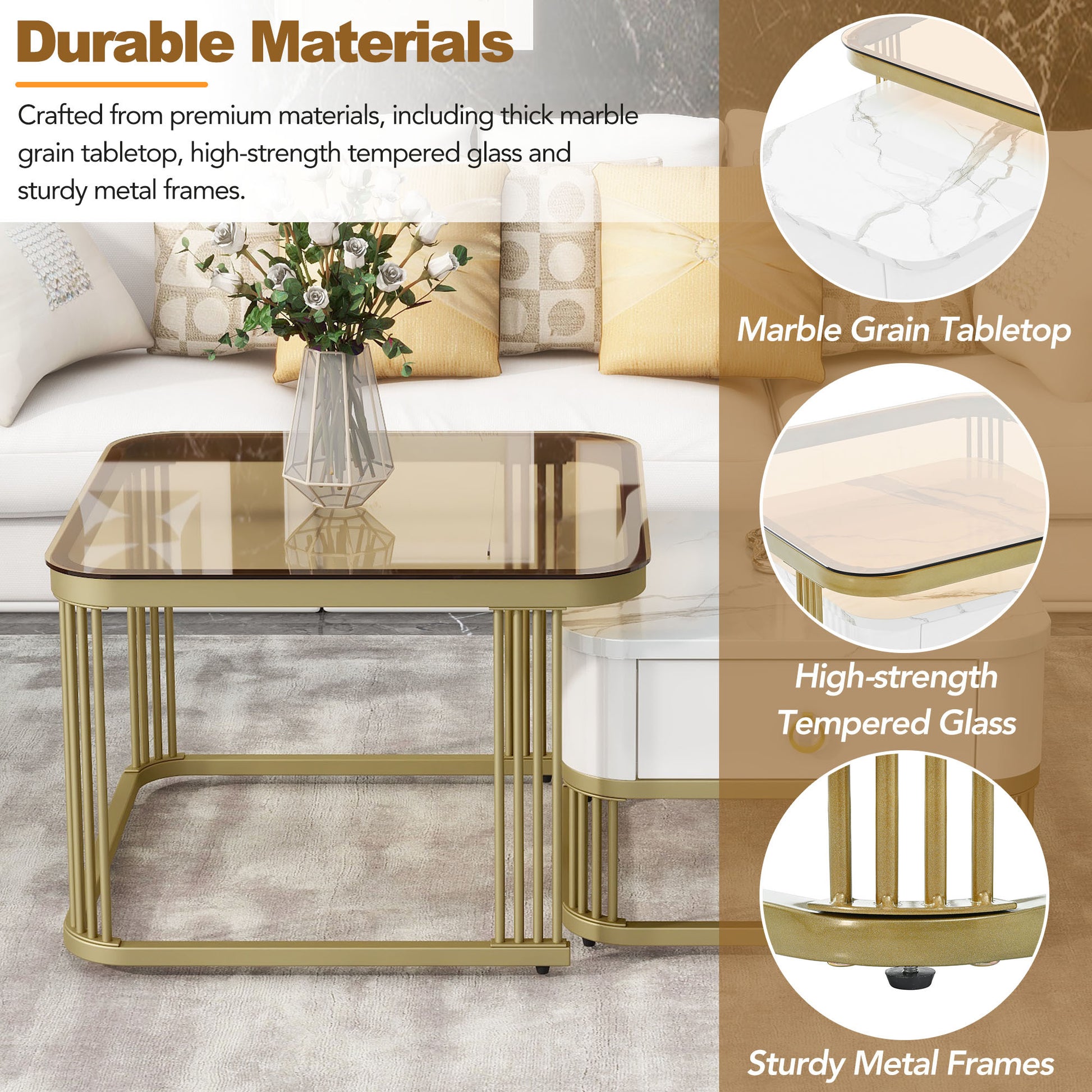 Nesting Coffee Table With Drawer, Set Of 2, Exquisite Square Stacking Coffee Tables With Brown Tempered Glass, Side Table With High Gloss Marble Grain Tabletop For Living Room, White White Gold Primary Living Space Drawers Square Mdf Steel