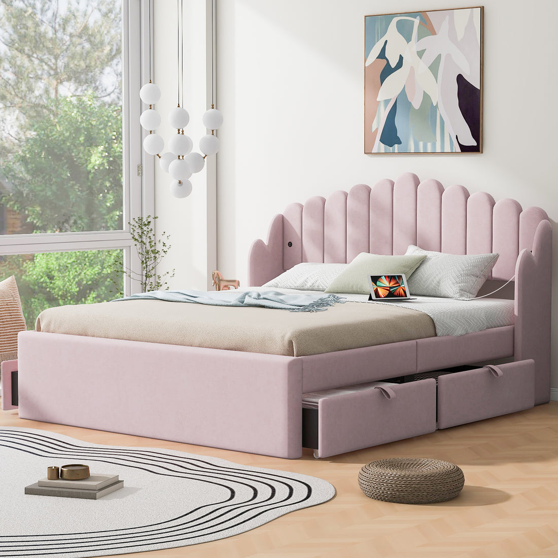 Queen Size Upholstered Platform Bed With 4 Drawers And 2 Usb, Pink Box Spring Not Required Queen Pink Wood Bedroom Bed Frame Polyester Upholstered