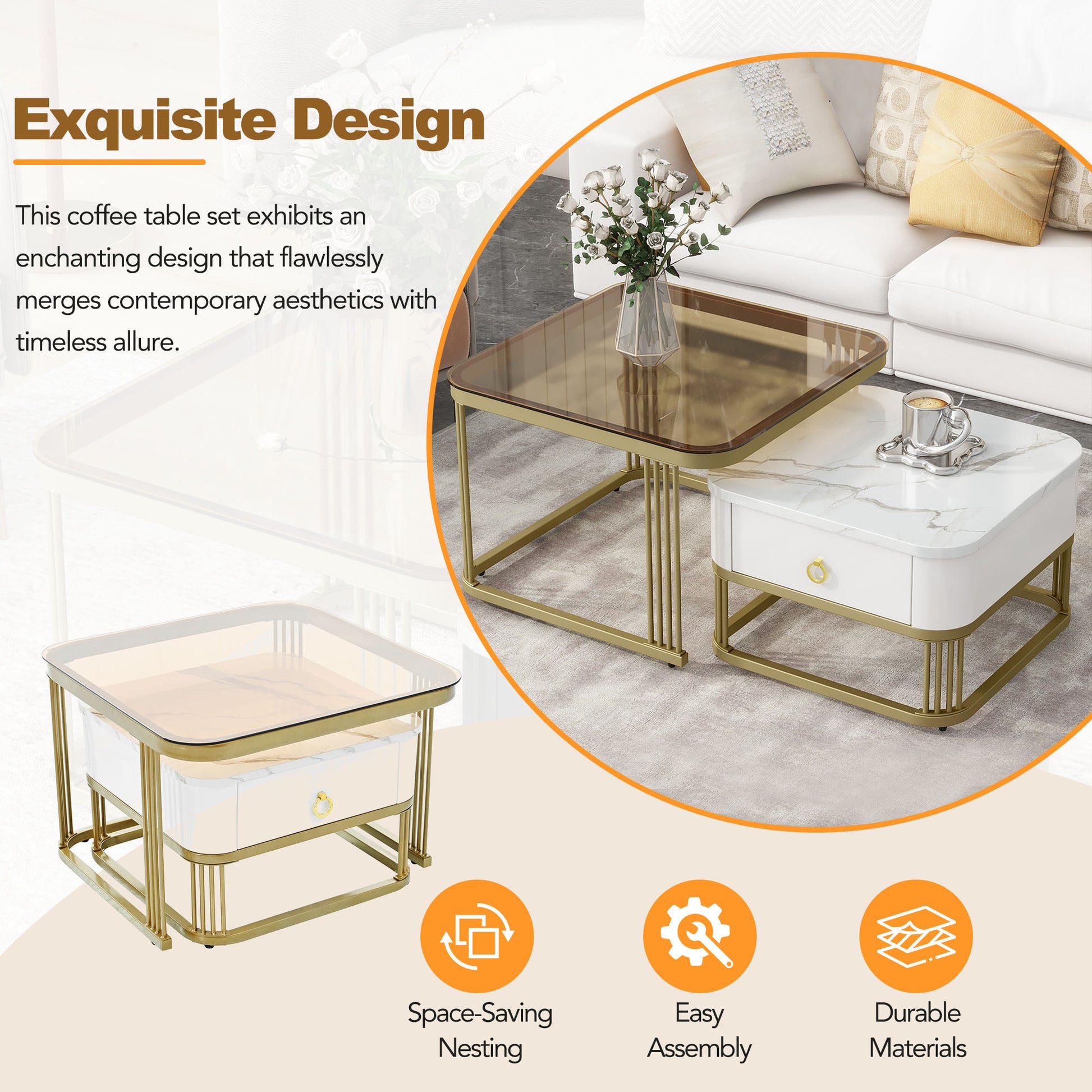 Nesting Coffee Table With Drawer, Set Of 2, Exquisite Square Stacking Coffee Tables With Brown Tempered Glass, Side Table With High Gloss Marble Grain Tabletop For Living Room, White White Gold Primary Living Space Drawers Square Mdf Steel