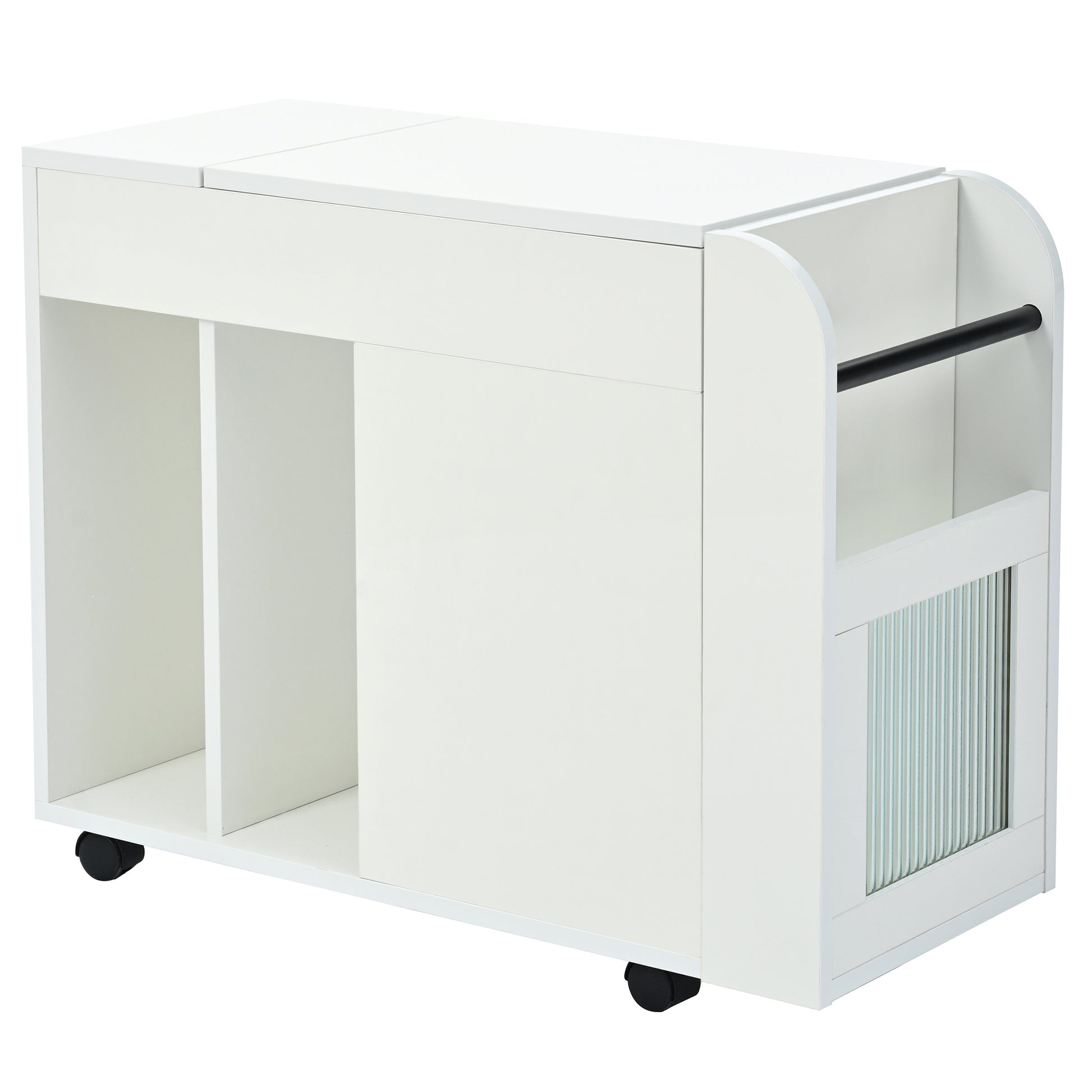 Multifunctional End Table With Wheels, Side Table With Tempered Glass Door, 2 Storage Shelves, 2 Drawers For Living Room, White White Mdf