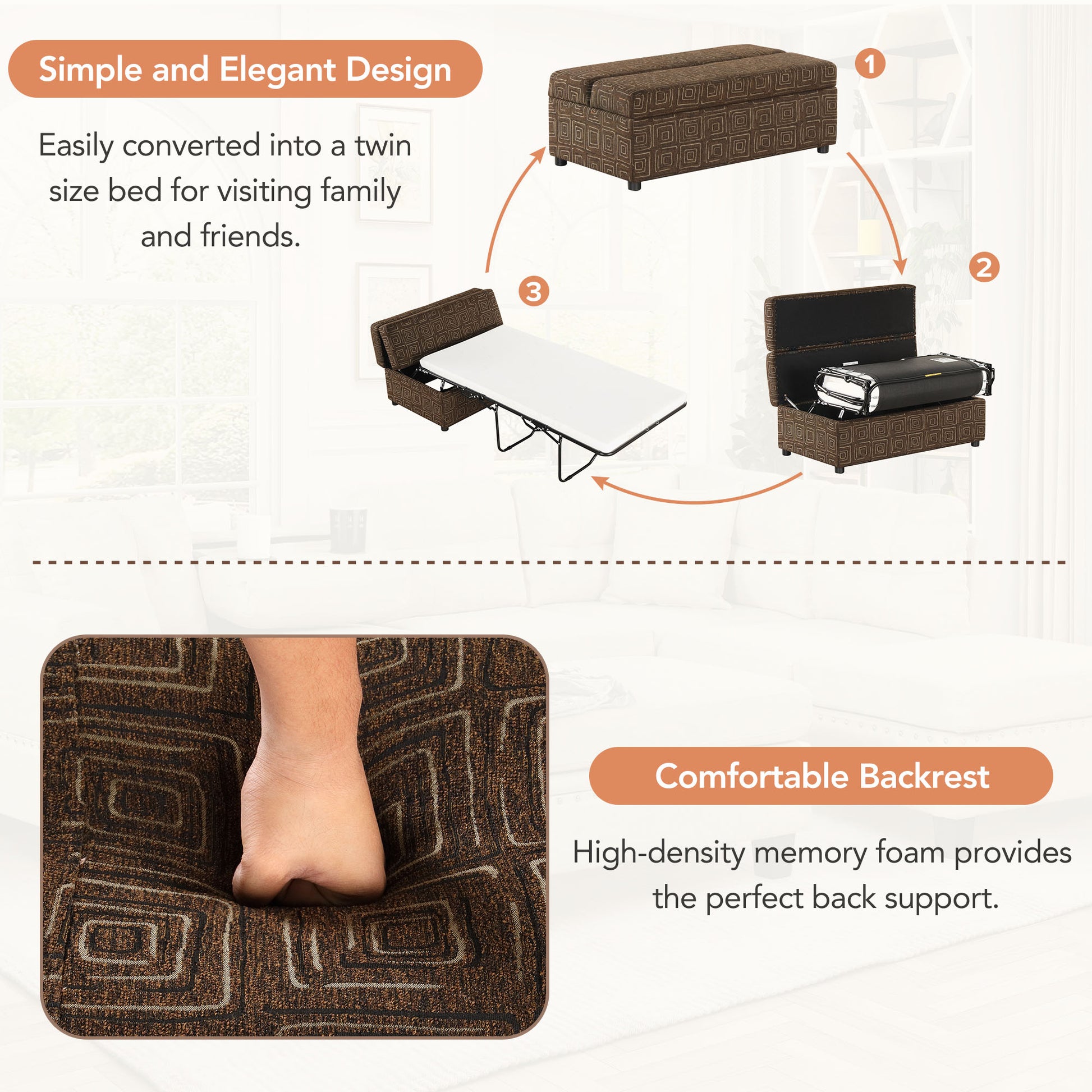 Twin Size Folding Ottoman Sleeper Bed With Mattress Convertible Guest Bed Espresso Espresso Foam Linen 1 Seat