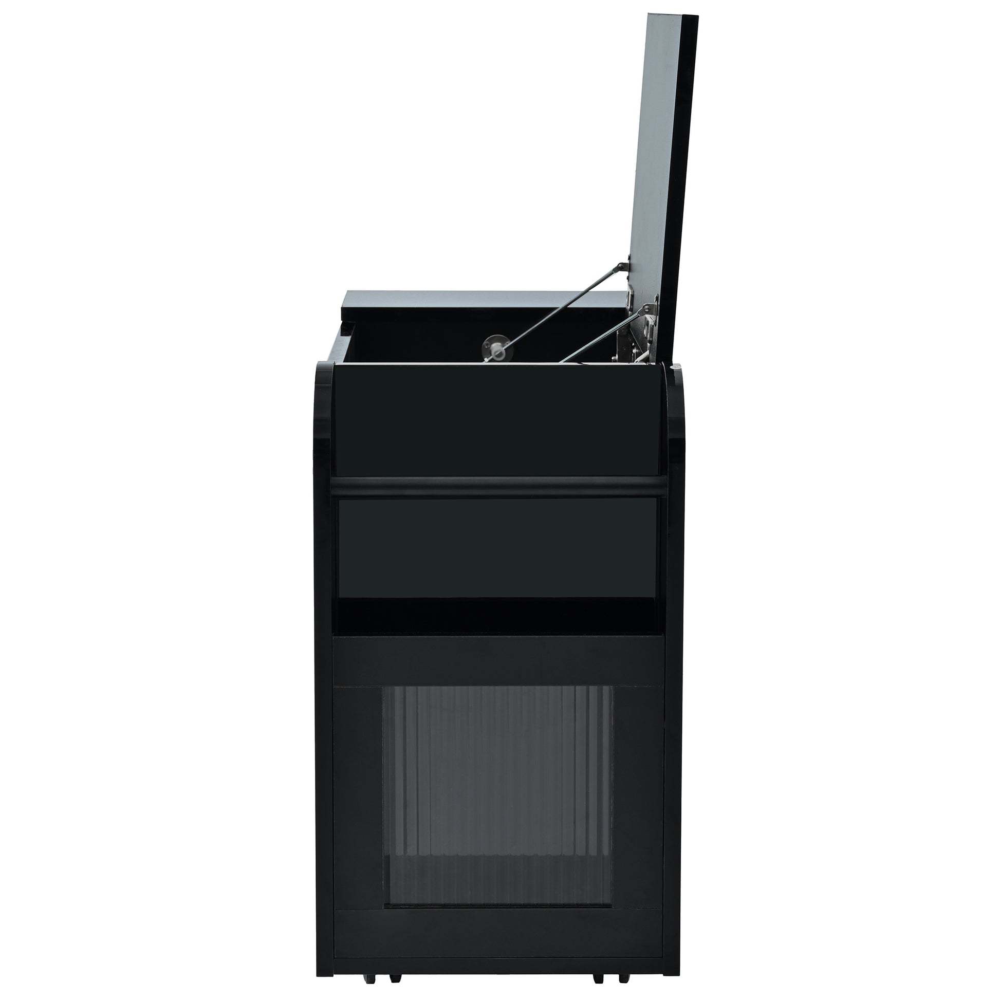 Multifunctional Extendable End Table With Wheels, Side Table With Tempered Glass Door, 2 Storage Shelves, 2 Drawers For Living Room, Black Black Mdf