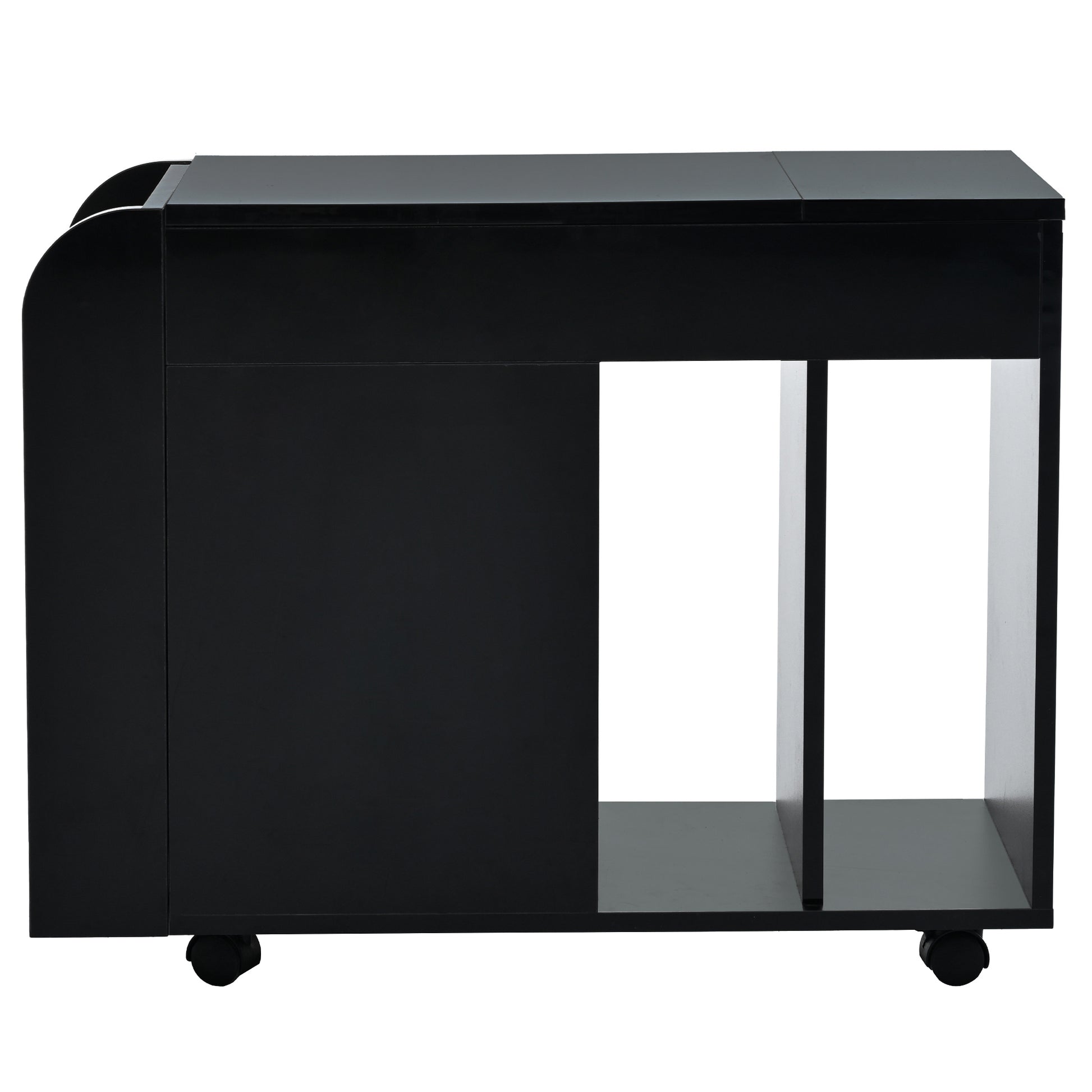 Multifunctional Extendable End Table With Wheels, Side Table With Tempered Glass Door, 2 Storage Shelves, 2 Drawers For Living Room, Black Black Mdf