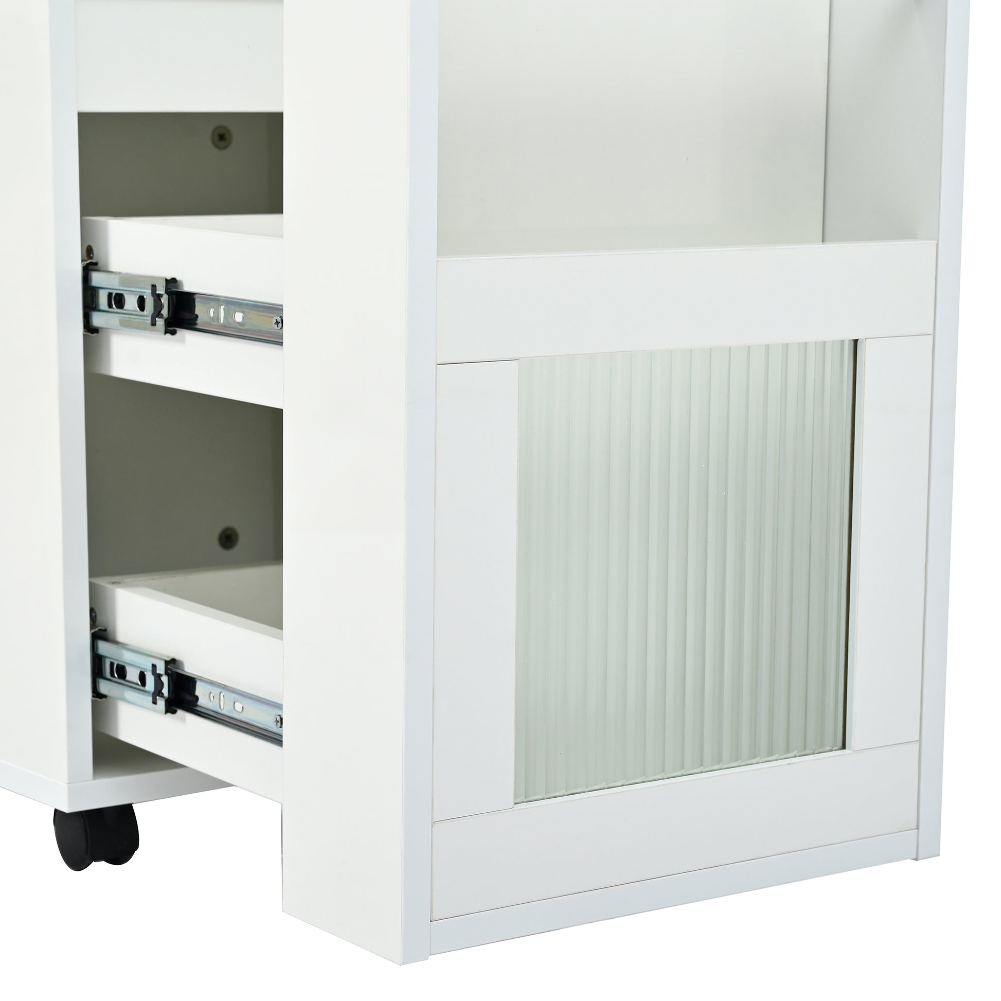 Multifunctional End Table With Wheels, Side Table With Tempered Glass Door, 2 Storage Shelves, 2 Drawers For Living Room, White White Mdf
