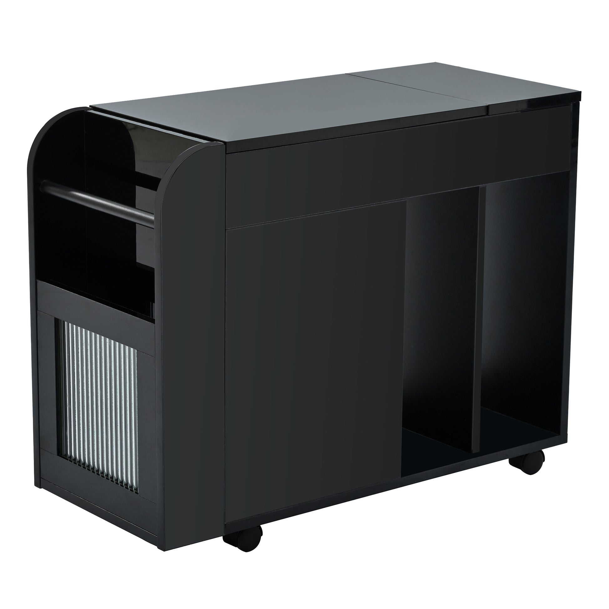 Multifunctional Extendable End Table With Wheels, Side Table With Tempered Glass Door, 2 Storage Shelves, 2 Drawers For Living Room, Black Black Mdf