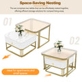 Nesting Coffee Table With Drawer, Set Of 2, Exquisite Square Stacking Coffee Tables With Brown Tempered Glass, Side Table With High Gloss Marble Grain Tabletop For Living Room, White White Gold Primary Living Space Drawers Square Mdf Steel