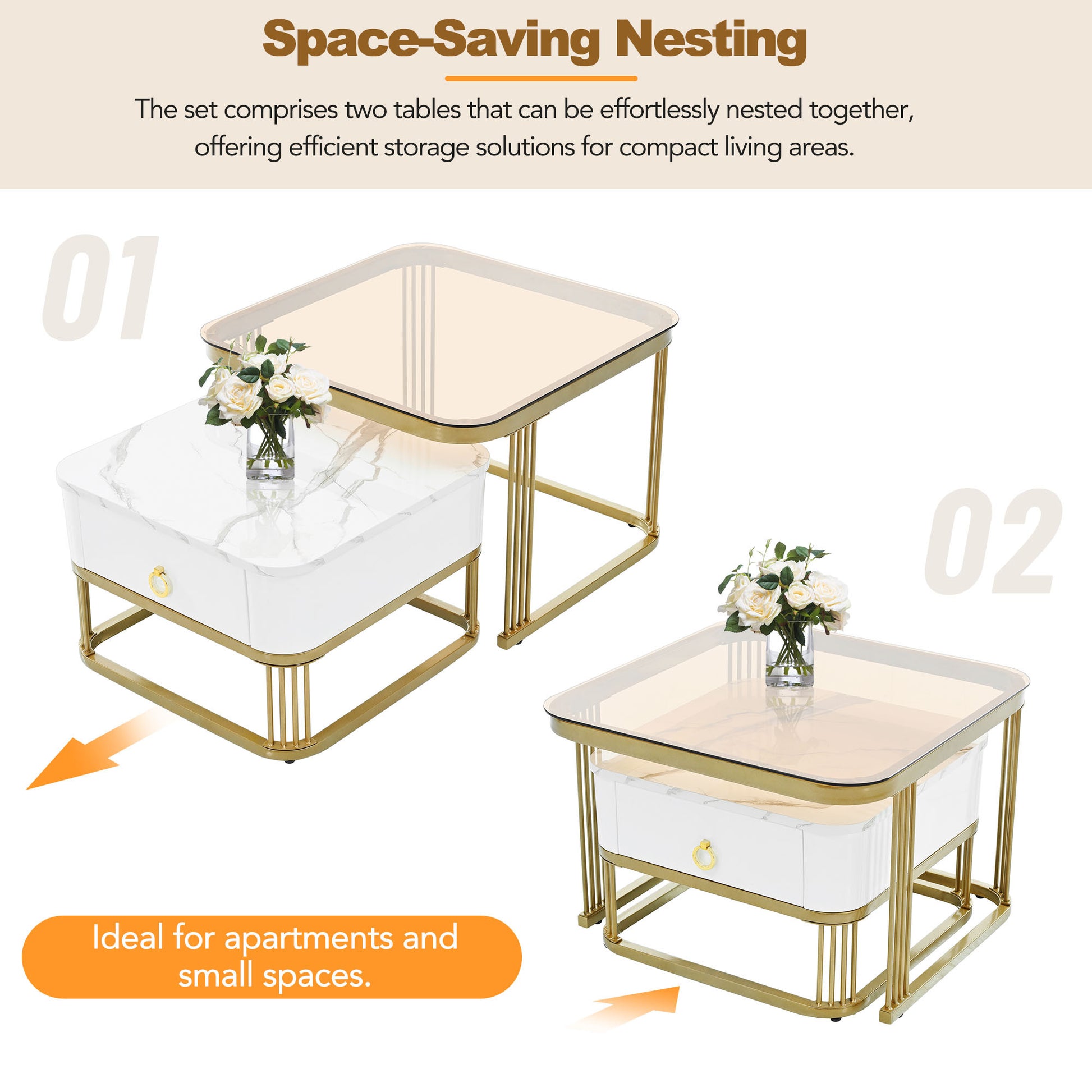 Nesting Coffee Table With Drawer, Set Of 2, Exquisite Square Stacking Coffee Tables With Brown Tempered Glass, Side Table With High Gloss Marble Grain Tabletop For Living Room, White White Gold Primary Living Space Drawers Square Mdf Steel
