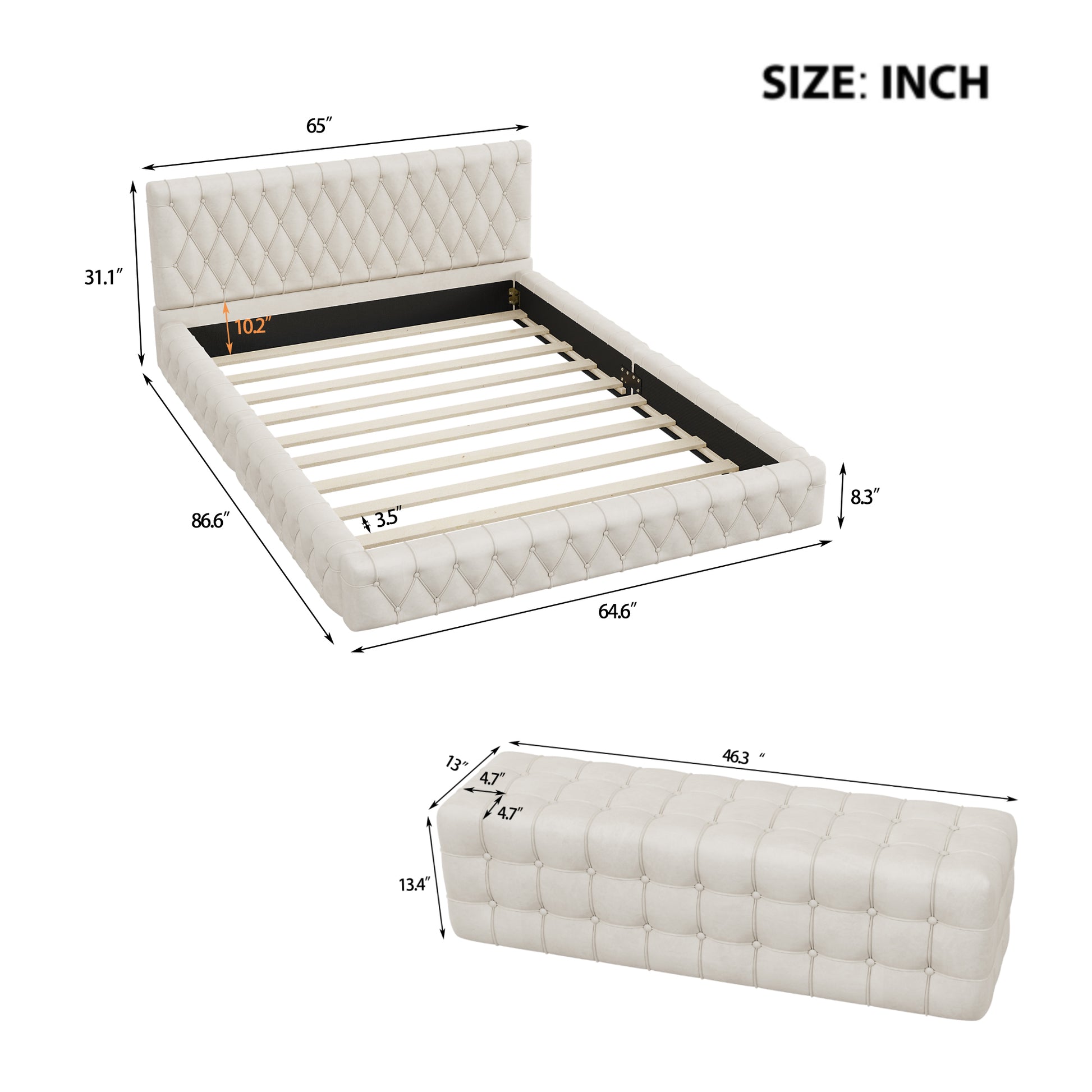 2 Pieces Bedroom Sets Queen Size Upholstered Bed With Rectangular Upholstered Ottoman For Bedroom,White Queen White 2 Piece Set Solid Wood Mdf