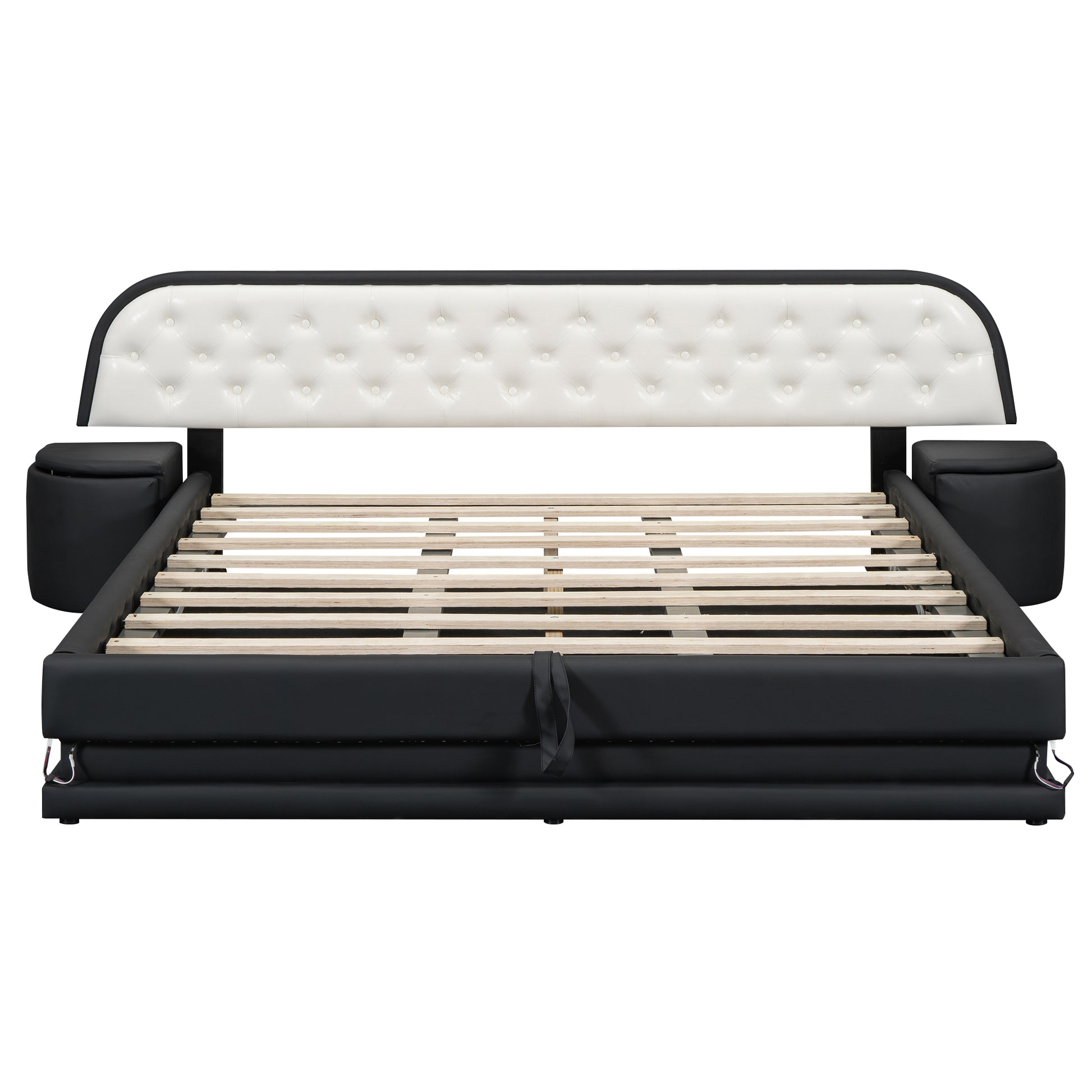 Queen Size Storage Upholstered Tufted Hydraulic Platform Bed With 2 Nightstands And Usb, Black Box Spring Not Required Queen Black Wood Bedroom Bed Frame Faux Leather Upholstered