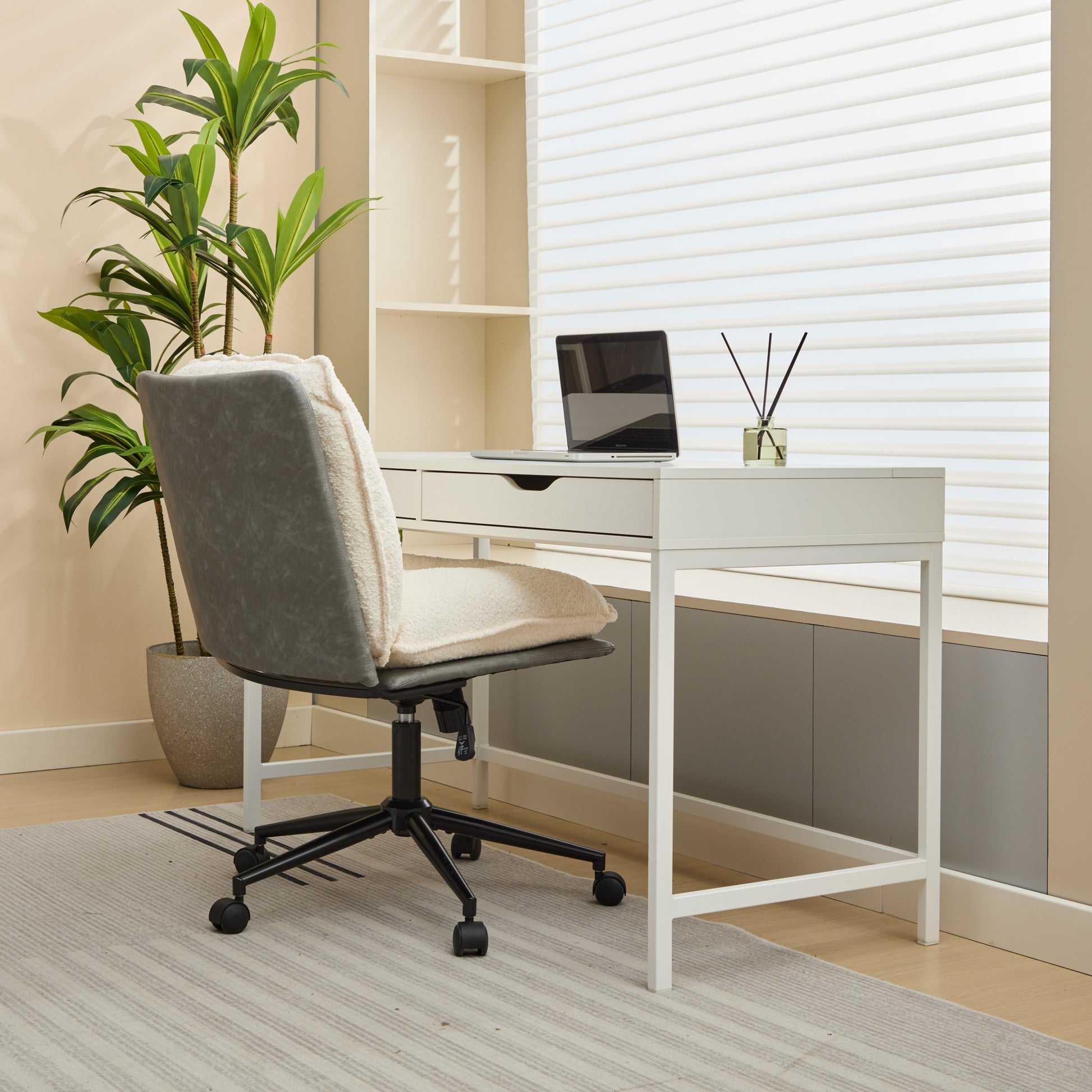 Oversize Seat Cirss Cross Chair With Wheels, Elegant Design Computer Chair, Adjustable Height 360 Rolling Swivel Home Office Chair For Small Space, Dressing Room, Living Room Gray White Dark Gray White Primary Living Space Casual Foam Pu Leather