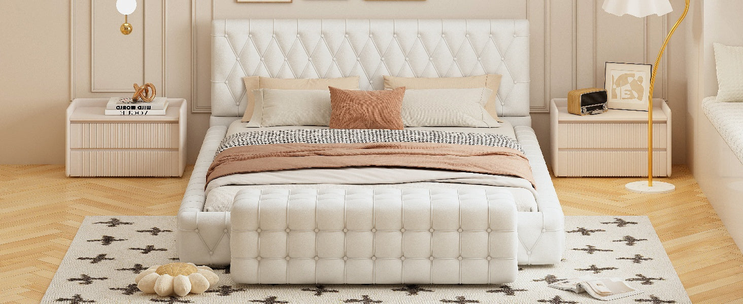 2 Pieces Bedroom Sets Queen Size Upholstered Bed With Rectangular Upholstered Ottoman For Bedroom,White Queen White 2 Piece Set Solid Wood Mdf