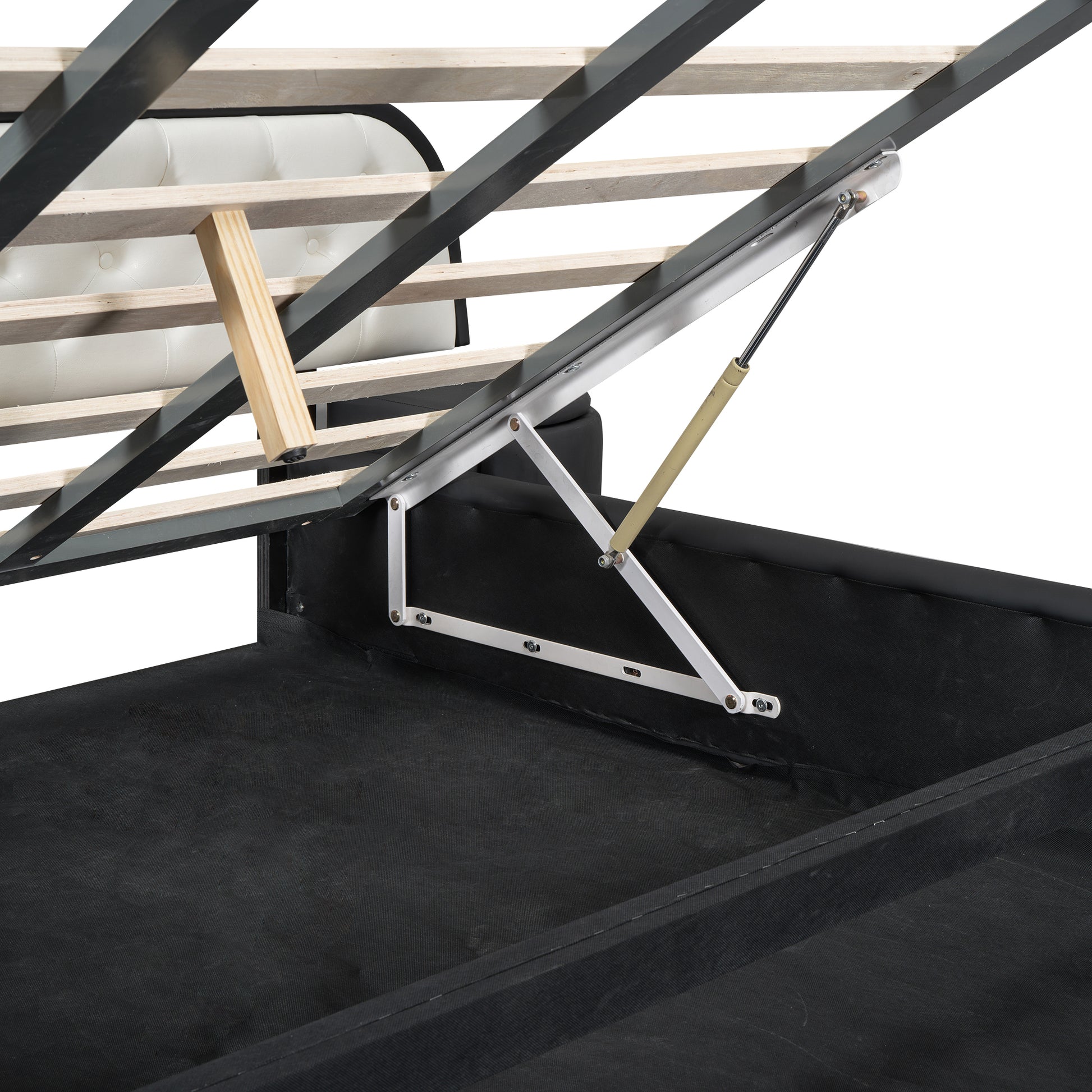 Queen Size Storage Upholstered Tufted Hydraulic Platform Bed With 2 Nightstands And Usb, Black Box Spring Not Required Queen Black Wood Bedroom Bed Frame Faux Leather Upholstered