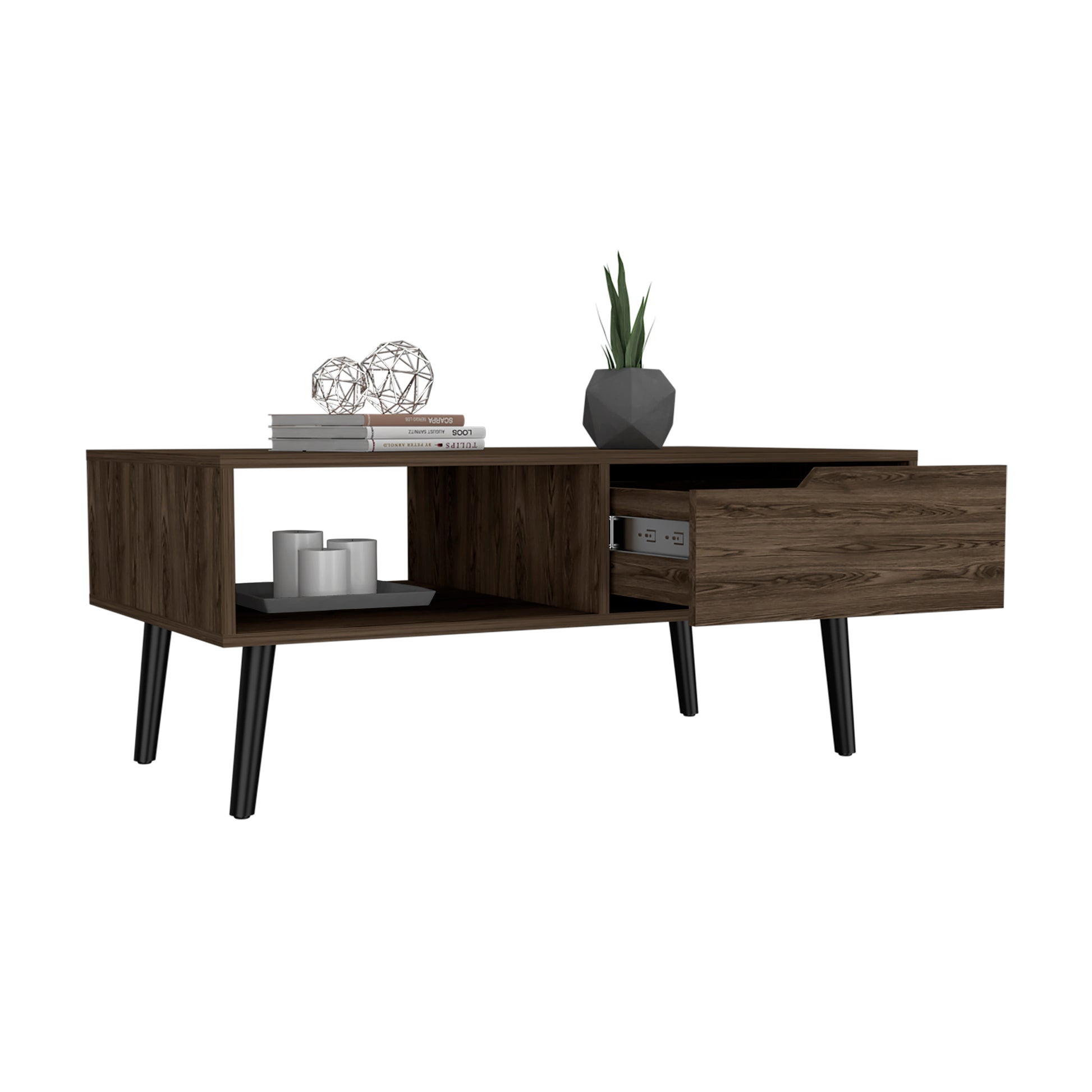 Kobe Coffee Table, One Open Shelf, One Drawer, Dark Walnut Brown Particle Board Particle Board