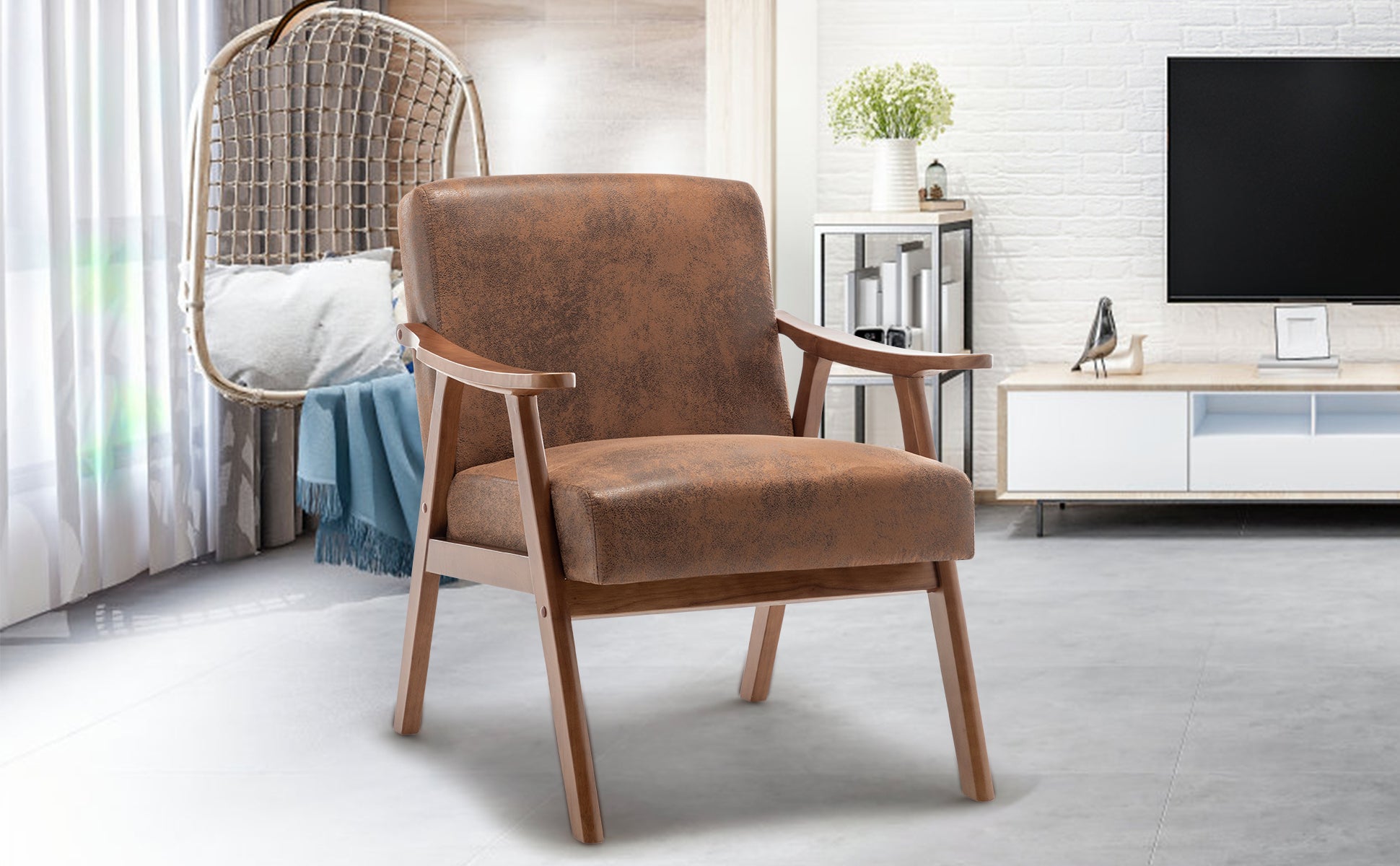 Mid Century Modern Chair, Living Room Chair With Solid Wood Frame, Accent Chair Extra Thick Backrest, Wingback Chair For Bedroom, Reading Room, Living Room, Lounge Chair Indoor Brown Primary Living Space Mid Century Modern Foam Fabric