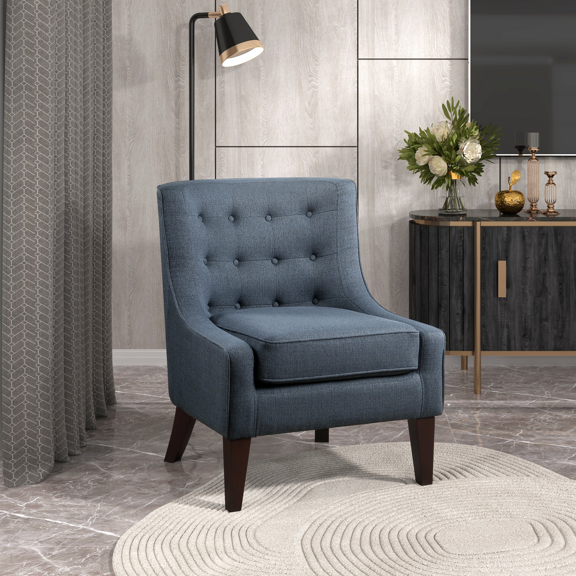 Classic Living Room 1Pc Accent Chair Button Tufted Blue Fabric Upholstery Solid Wood Furniture Reversible Seat Cushion Blue Primary Living Space Classic,Modern Solid Wood