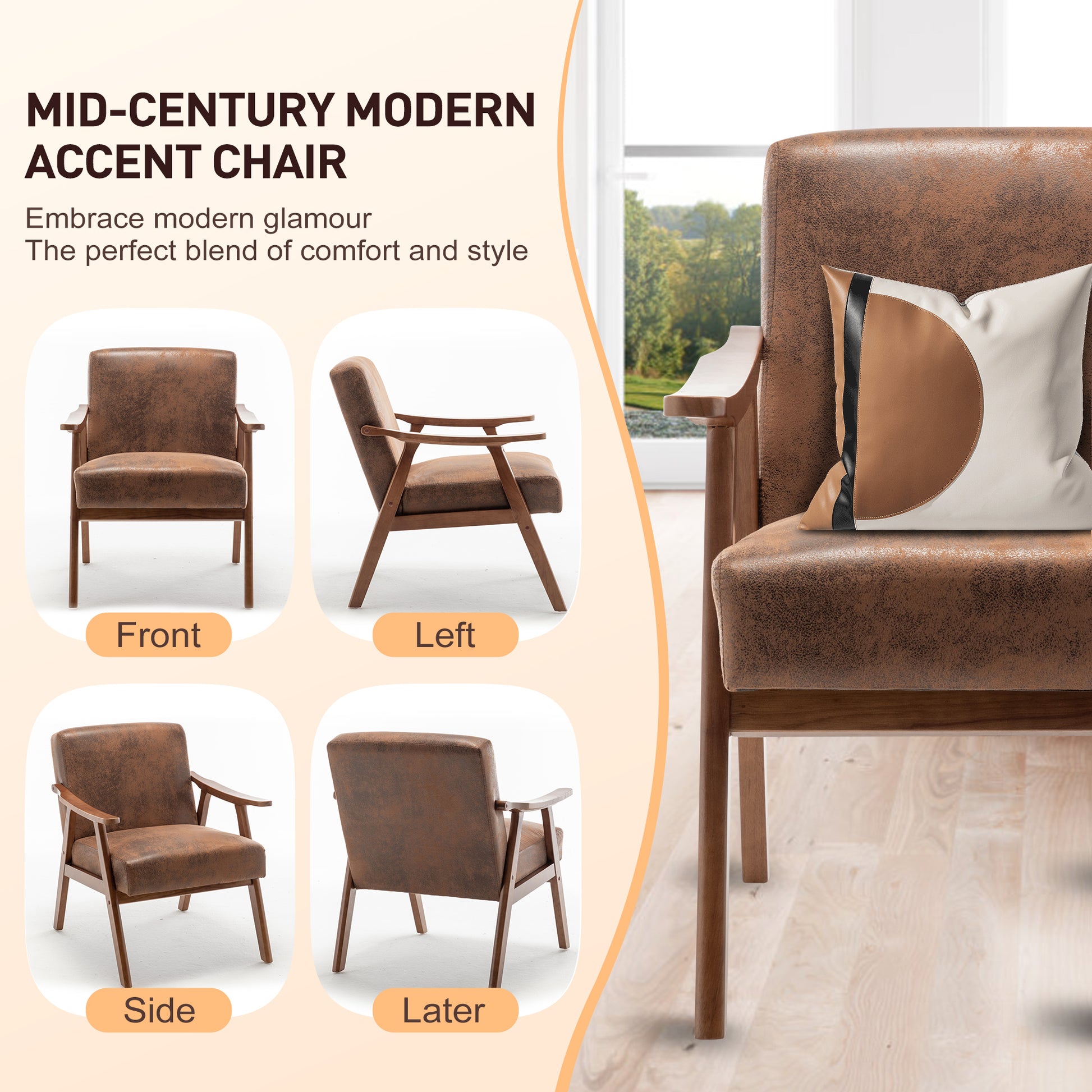 Mid Century Modern Chair, Living Room Chair With Solid Wood Frame, Accent Chair Extra Thick Backrest, Wingback Chair For Bedroom, Reading Room, Living Room, Lounge Chair Indoor Brown Primary Living Space Mid Century Modern Foam Fabric