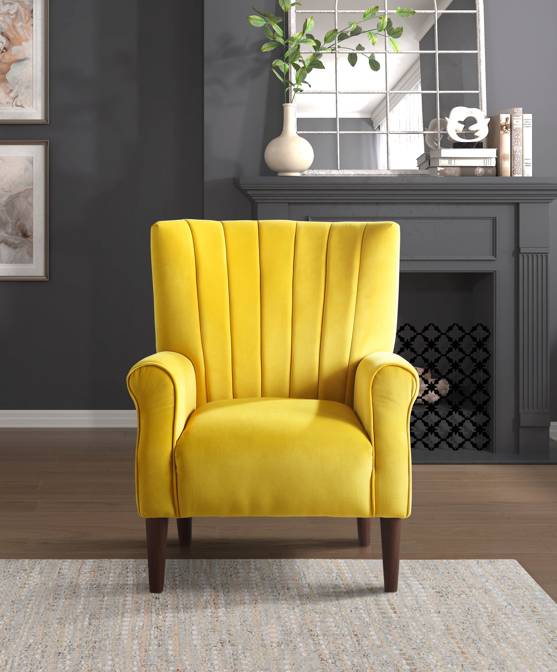 Modern Aesthetic Accent Chair Yellow Velvet Upholstery Channel Tufted Back Solid Wood Furniture 1Pc Stylish Home Traditional Contoured Arms Yellow Primary Living Space Contemporary,Modern Velvet