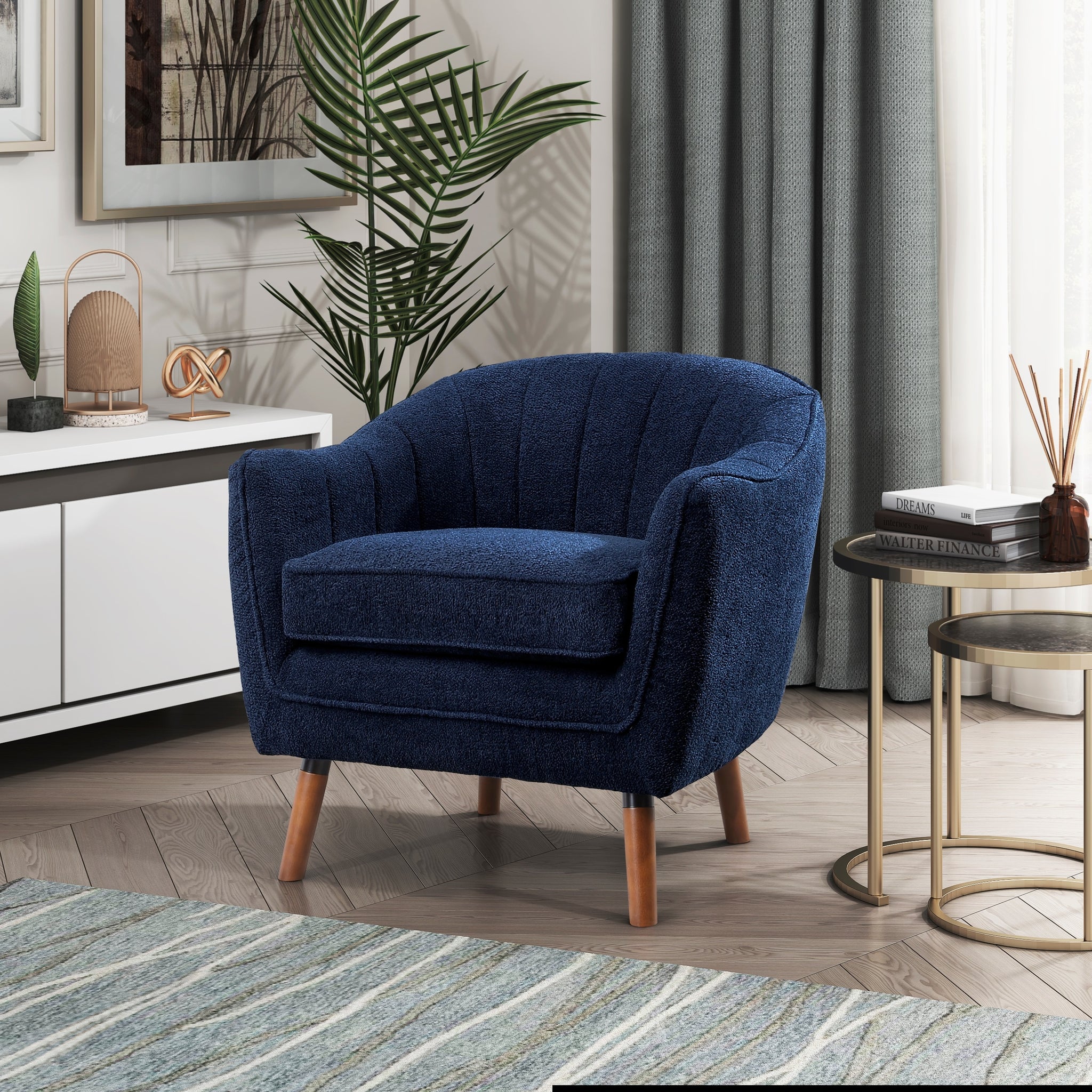 Mid Century Modern Accent Chair 1Pc Blue Chenille Fabric Upholstered Channel Stitched Back Brown Legs Solid Wood Furniture Blue Primary Living Space Mid Century Modern Solid Wood