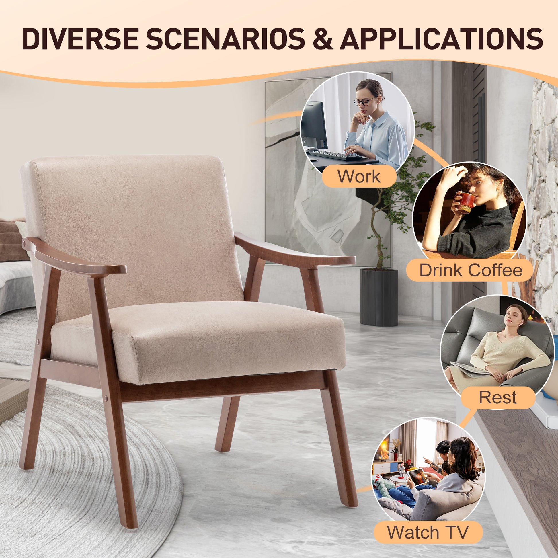Mid Century Modern Chair, Living Room Chair With Solid Wood Frame, Accent Chair Extra Thick Backrest, Wingback Chair For Bedroom, Reading Room, Living Room, Lounge Chair Indoor Light Camel Primary Living Space Mid Century Modern Foam Fabric