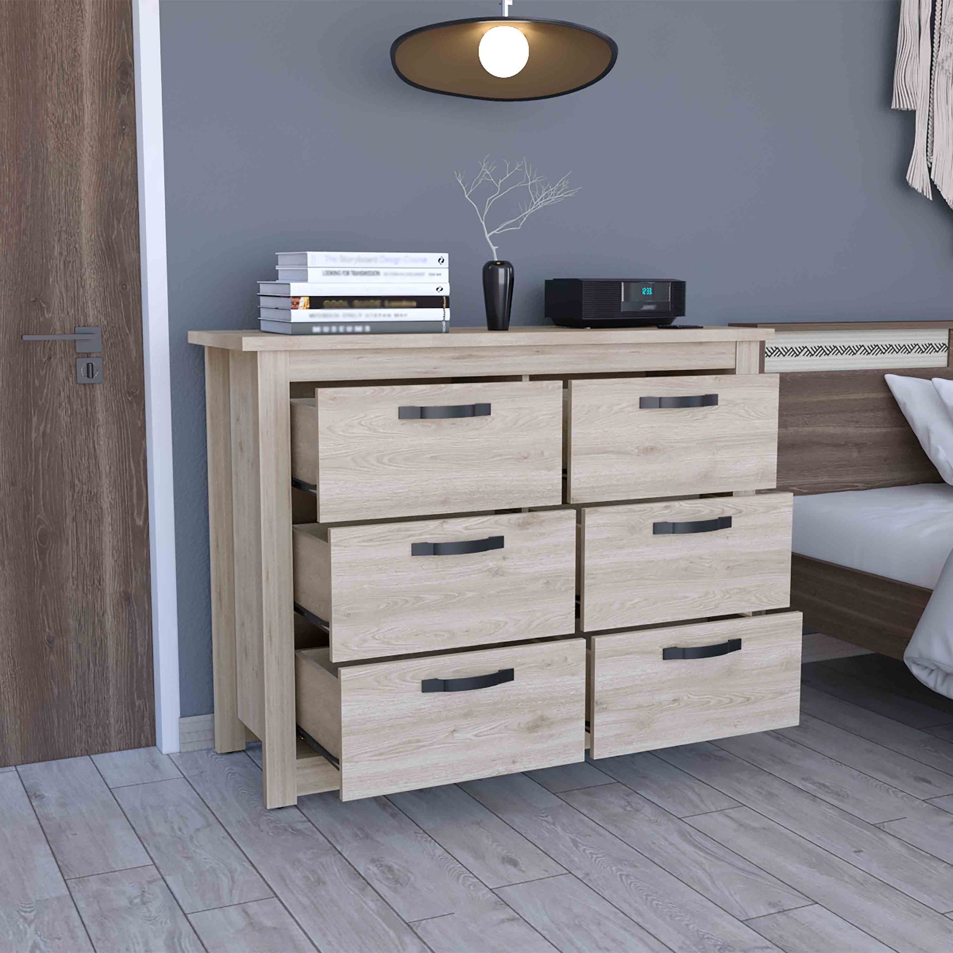 Becca 6 Drawer Double Dresserfour Legs, Metal Hardware Light Gray Gray Drawer 5 Drawers & Above Bedroom Shelf Modern Particle Board Particle Board