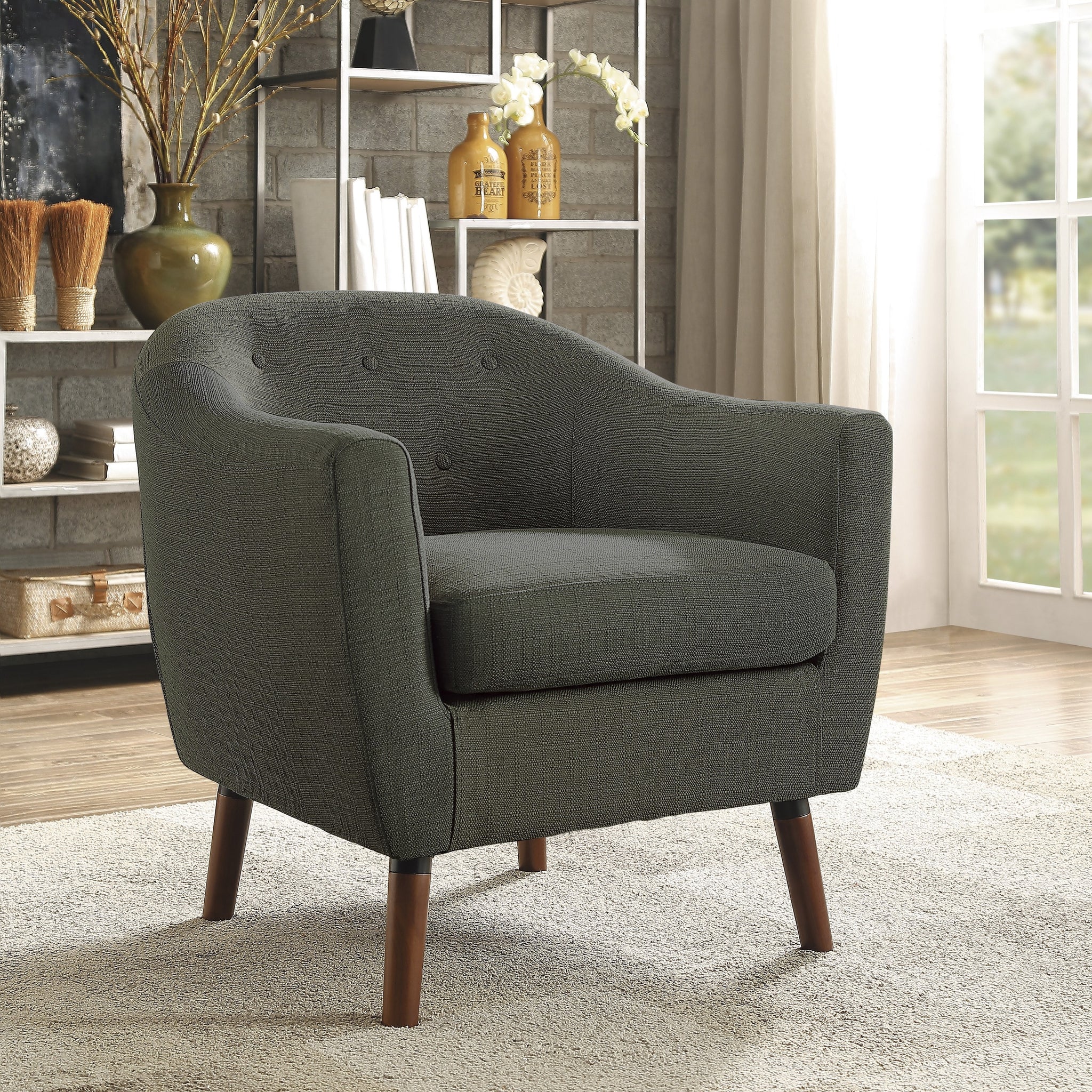 Gray Fabric Upholstered Accent Chair 1Pc Espresso Finish Legs Button Tufted Solid Wood Furniture Living Room Chair Gray Primary Living Space Mid Century Modern,Retro Solid Wood