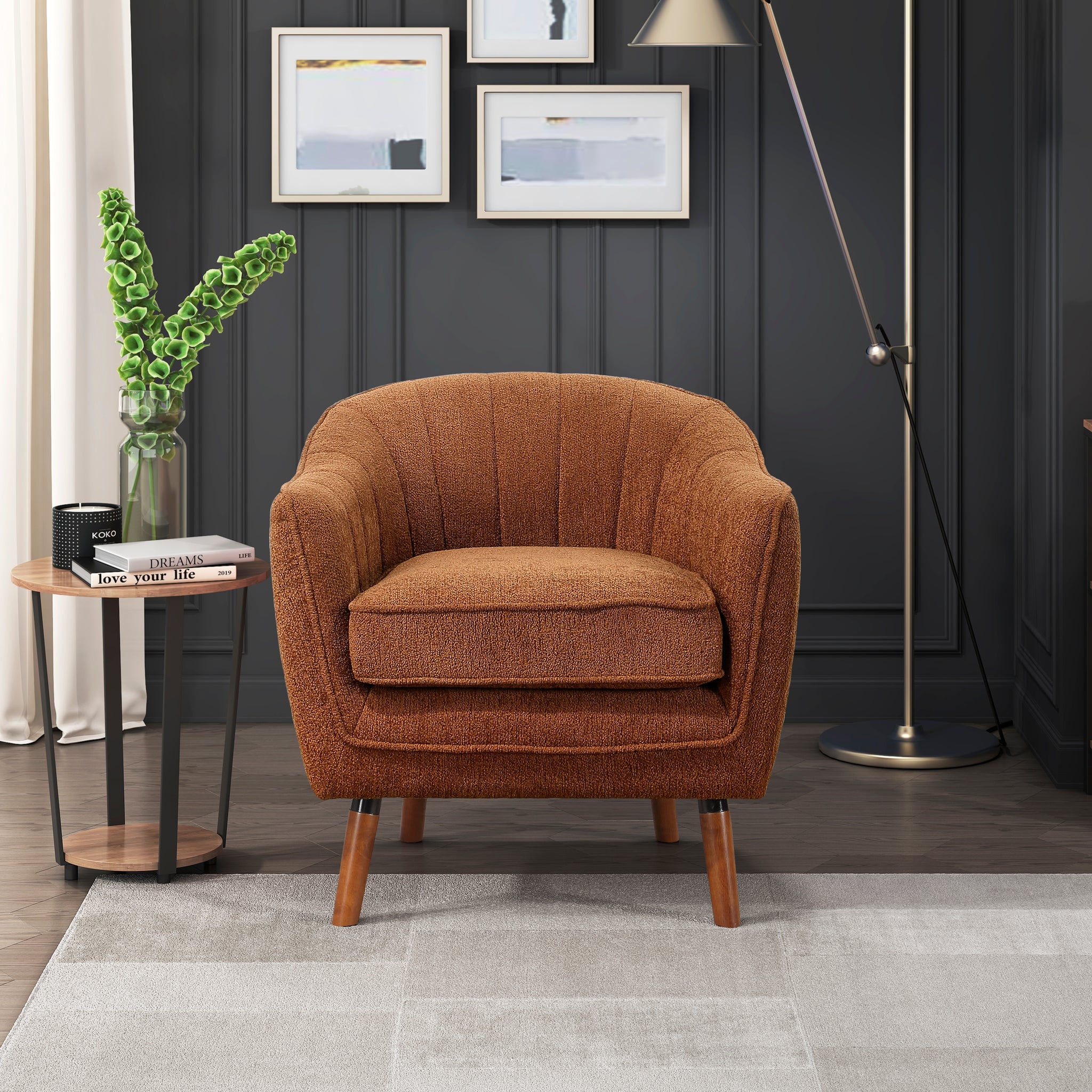 Mid Century Modern Accent Chair 1Pc Rust Hued Chenille Fabric Upholstered Channel Stitched Back Brown Legs Solid Wood Furniture Rust Primary Living Space Mid Century Modern Solid Wood