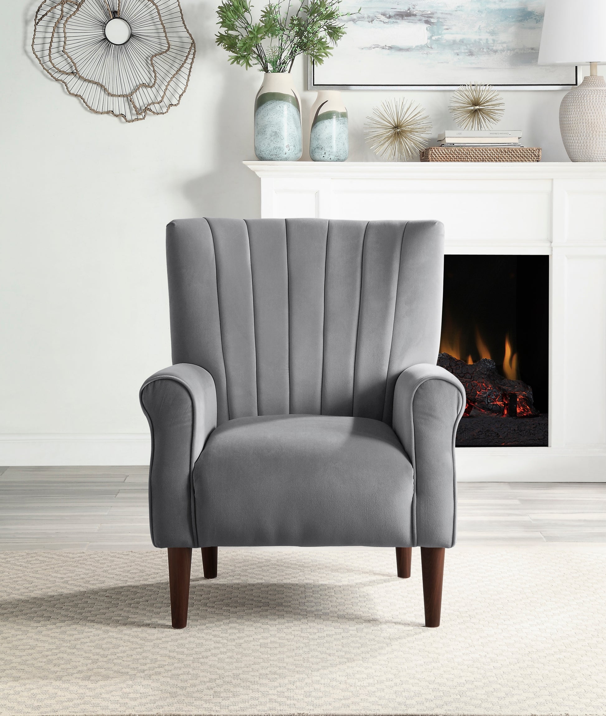 Modern Aesthetic Accent Chair Dark Gray Velvet Channel Tufted Back Solid Wood Furniture 1Pc Stylish Home Traditional Contoured Arms Dark Gray Primary Living Space Contemporary,Modern Velvet