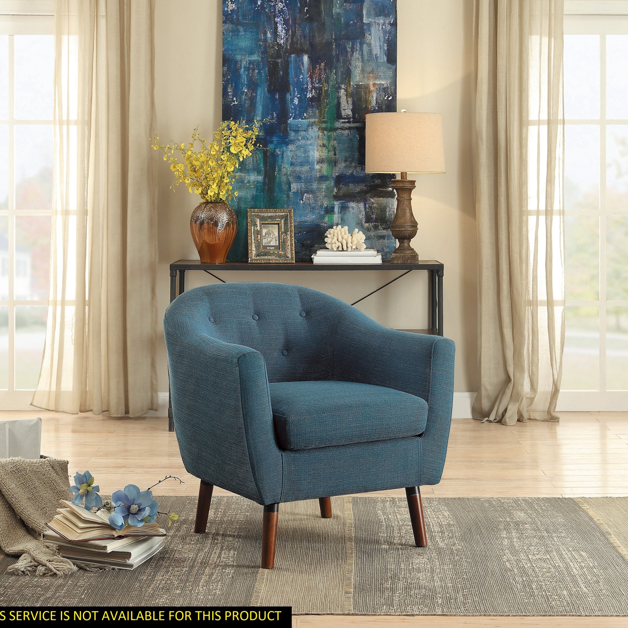 Blue Fabric Upholstered Accent Chair 1Pc Espresso Finish Legs Button Tufted Solid Wood Furniture Living Room Chair Blue Primary Living Space Mid Century Modern,Retro Solid Wood