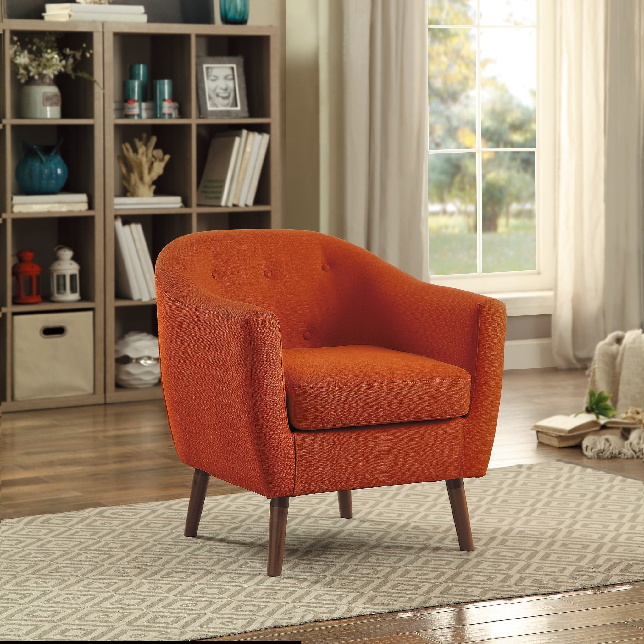Orange Fabric Upholstered Accent Chair 1Pc Espresso Finish Legs Button Tufted Solid Wood Furniture Living Room Chair Orange Primary Living Space Mid Century Modern,Retro Solid Wood