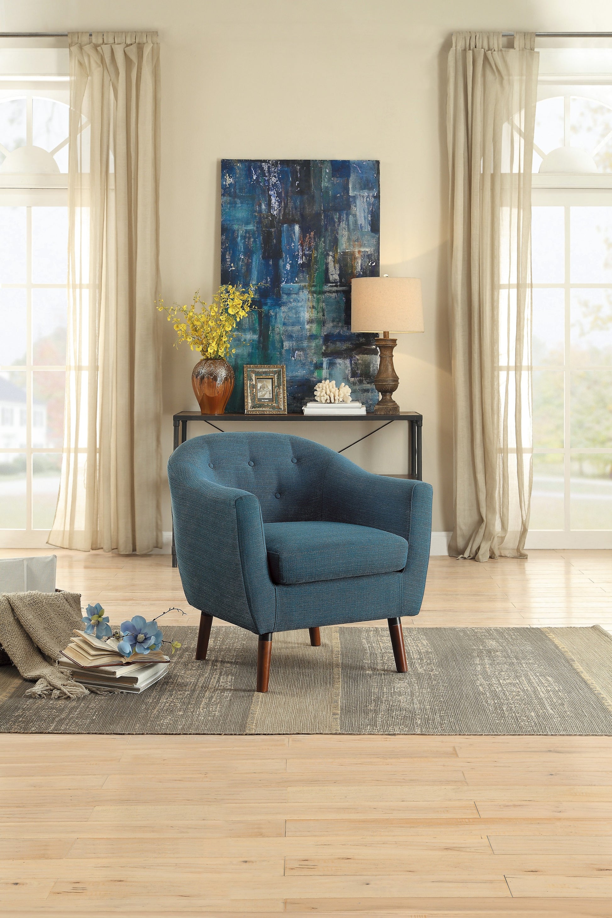 Blue Fabric Upholstered Accent Chair 1Pc Espresso Finish Legs Button Tufted Solid Wood Furniture Living Room Chair Blue Primary Living Space Mid Century Modern,Retro Solid Wood