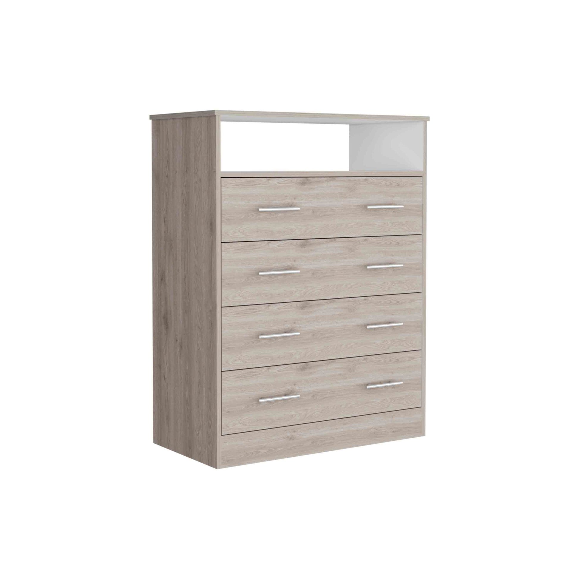Peru L Four Drawer Dresser, Superior Top, One Open Shelf Light Gray White Gray Drawer 4 Drawers Bedroom Shelf Modern Particle Board Particle Board