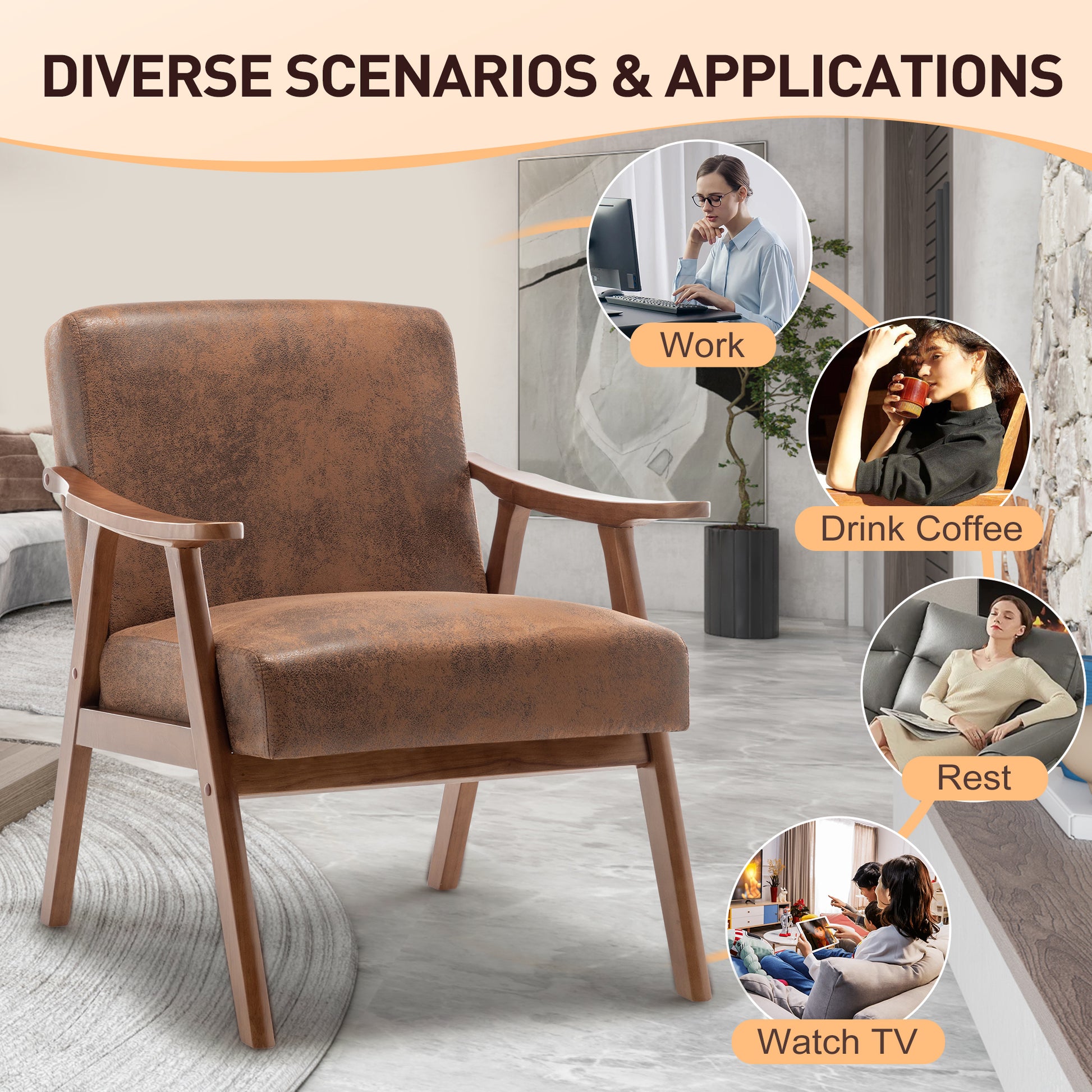 Mid Century Modern Chair, Living Room Chair With Solid Wood Frame, Accent Chair Extra Thick Backrest, Wingback Chair For Bedroom, Reading Room, Living Room, Lounge Chair Indoor Brown Primary Living Space Mid Century Modern Foam Fabric