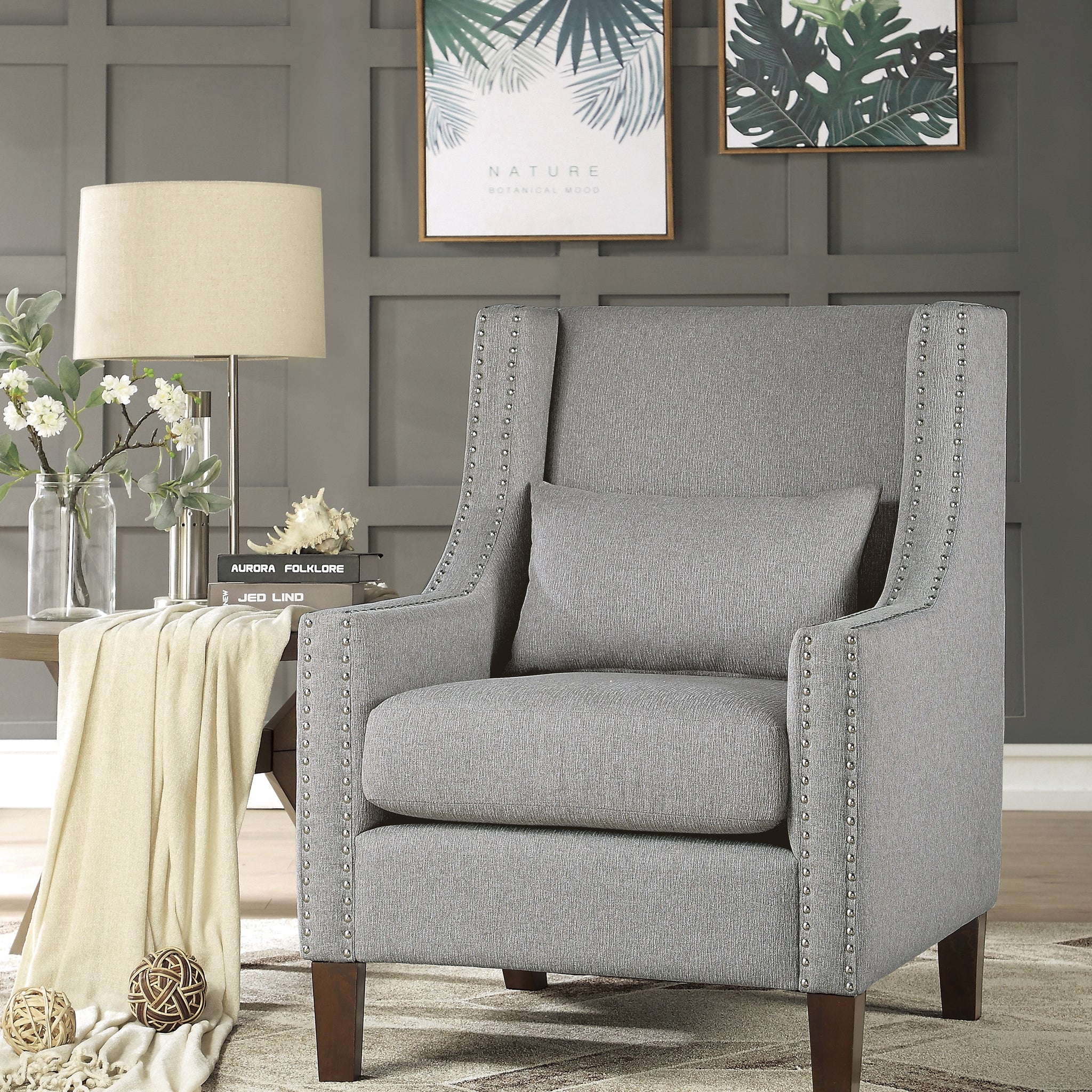 1Pc Traditional Accent Chair With Pillow Trim Light Gray Polyester Upholstered Solid Wood Furniture Modern Living Room Chair Light Gray Primary Living Space Contemporary,Modern Solid Wood