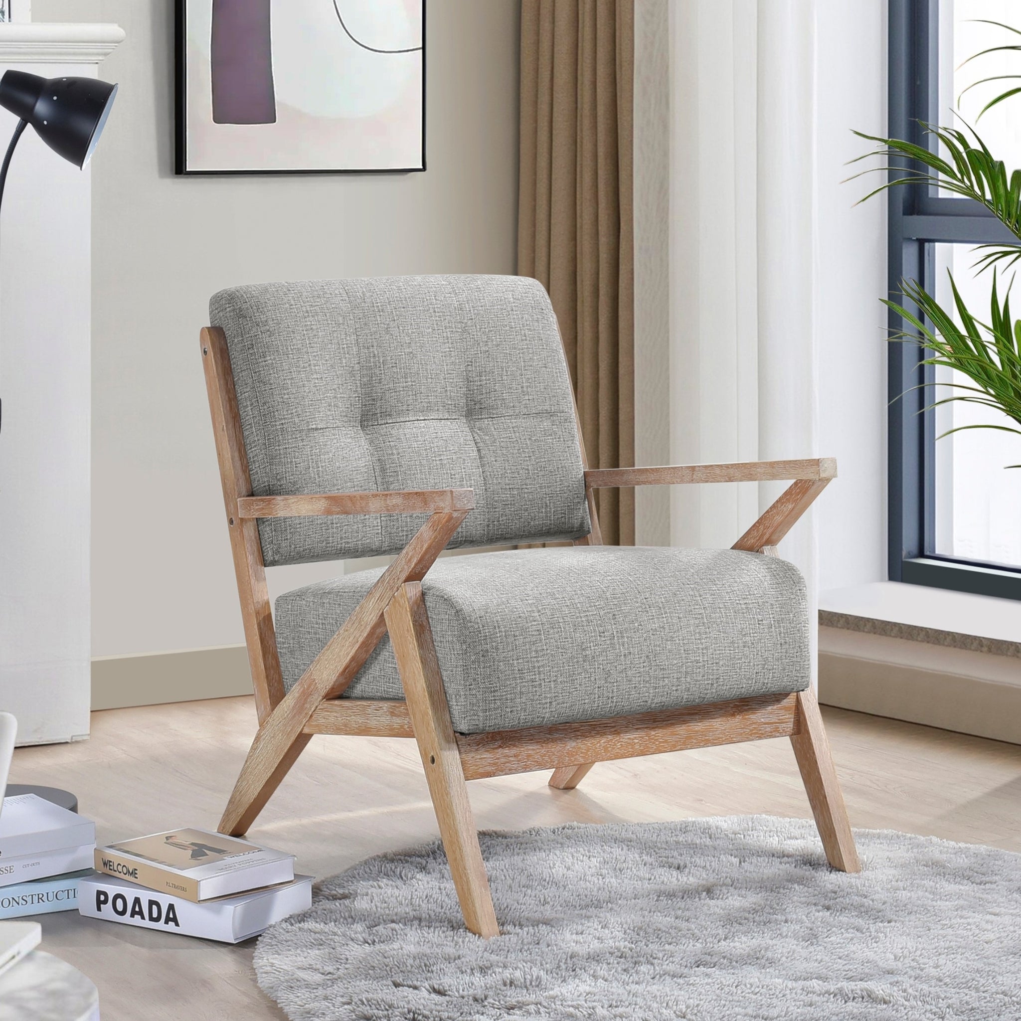 Modern Tufted Back Accent Chair 1Pc Gray Upholstery Antique Finish Solid Rubberwood Unique Design Furniture Gray Primary Living Space Modern,Rustic Rubberwood Solid Wood