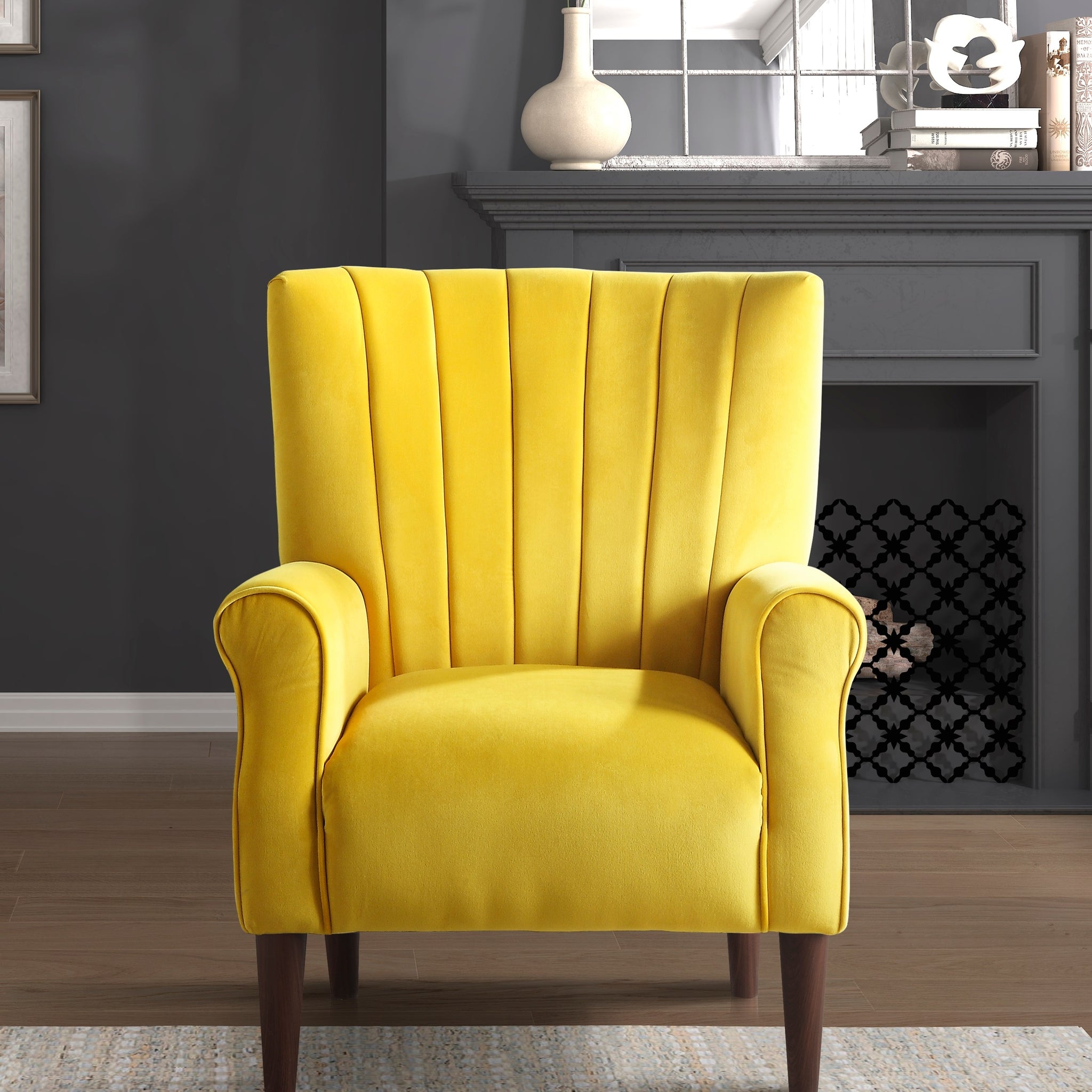 Modern Aesthetic Accent Chair Yellow Velvet Upholstery Channel Tufted Back Solid Wood Furniture 1Pc Stylish Home Traditional Contoured Arms Yellow Primary Living Space Contemporary,Modern Velvet