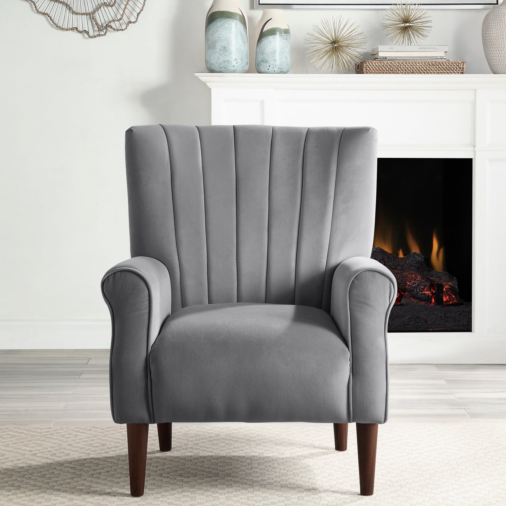 Modern Aesthetic Accent Chair Dark Gray Velvet Channel Tufted Back Solid Wood Furniture 1Pc Stylish Home Traditional Contoured Arms Dark Gray Primary Living Space Contemporary,Modern Velvet
